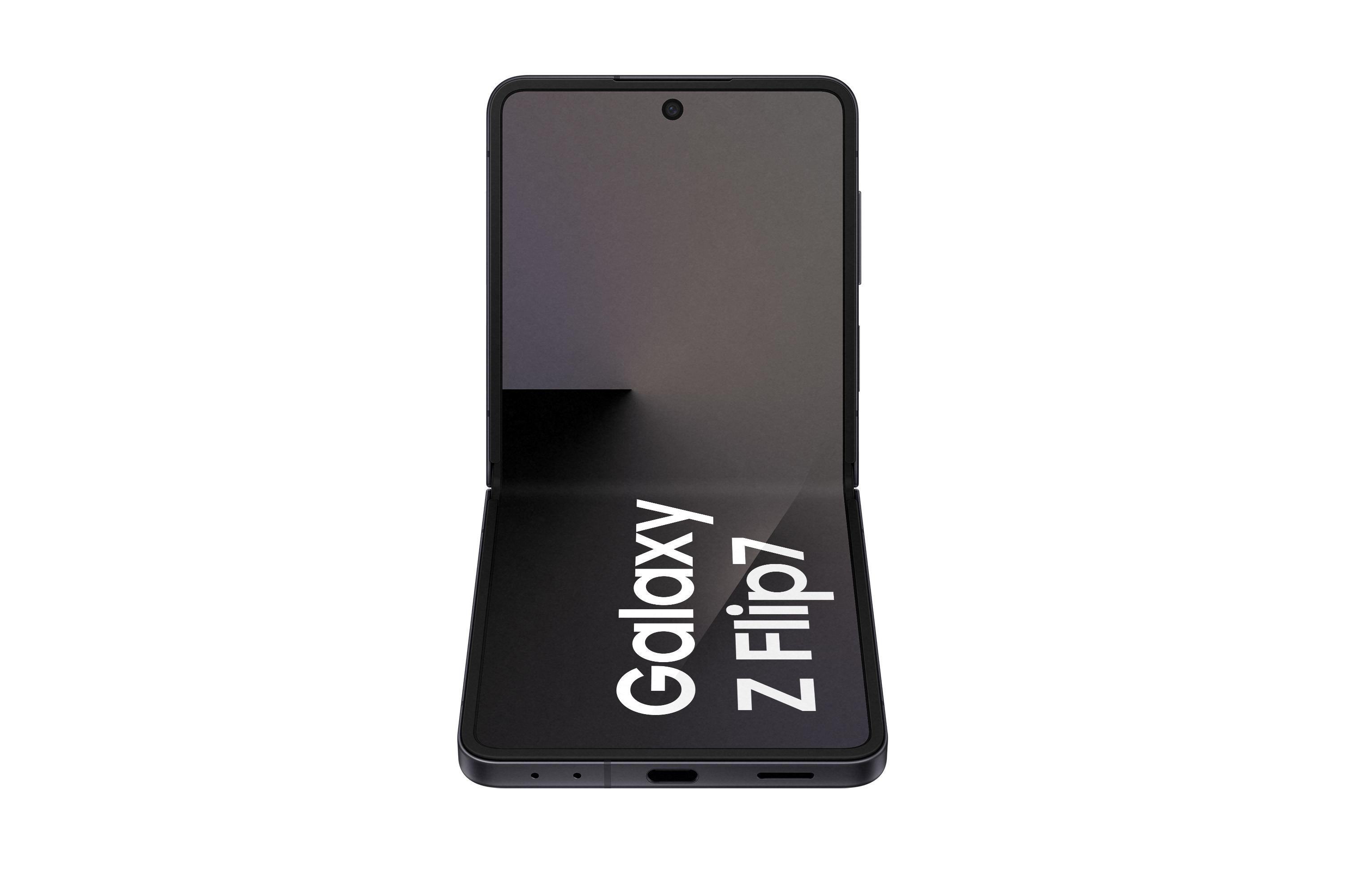 Ein schwarzes Samsung Galaxy Z Flip7-Handy, teilweise geöffnet. Der Bildschirm zeigt Galaxy Z Flip7 in weißem Text.