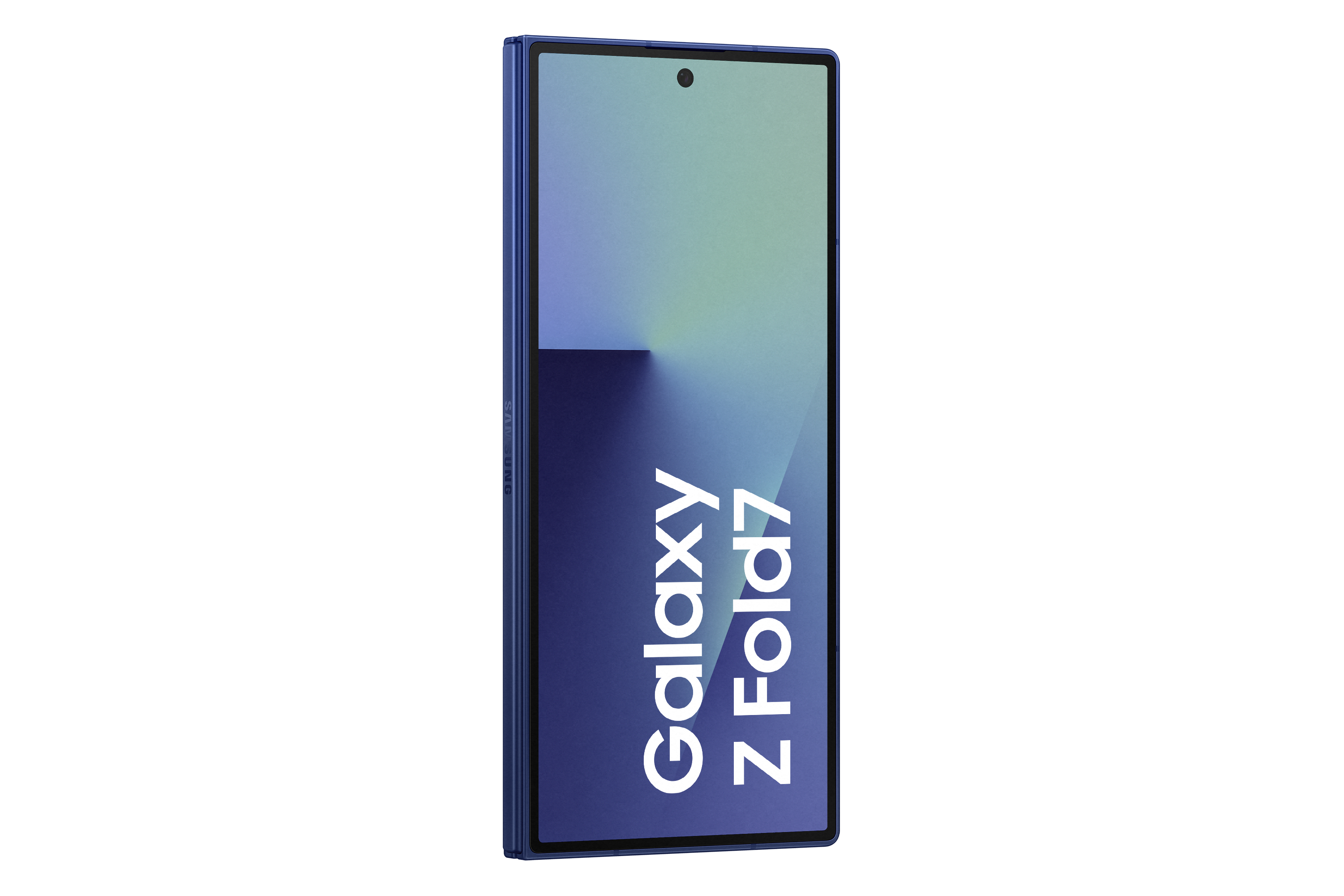 Ein blaues Samsung Galaxy Z Fold7, geschlossen, nach rechts geneigt. Der Bildschirm zeigt einen Farbverlauf aus Blau, Grün und Weiß.