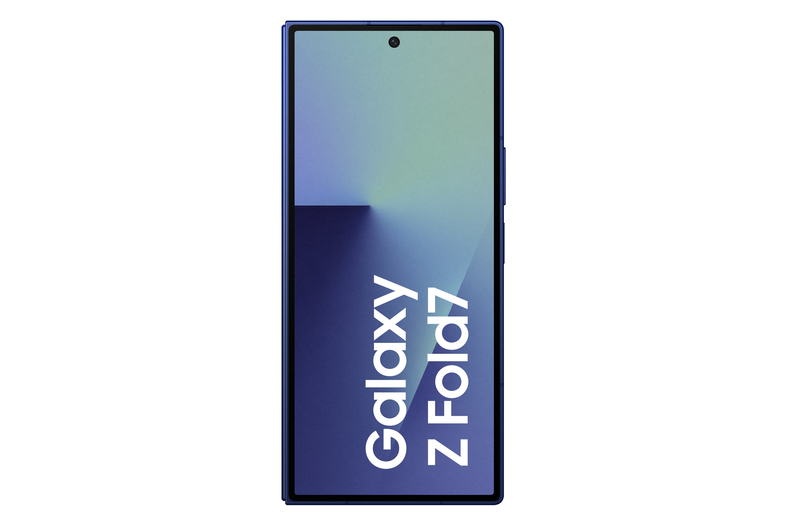 Ein blaues Samsung Galaxy Z Fold7-Handy wird gezeigt. Der Bildschirm zeigt einen Farbverlauf mit dem Namen des Telefons.