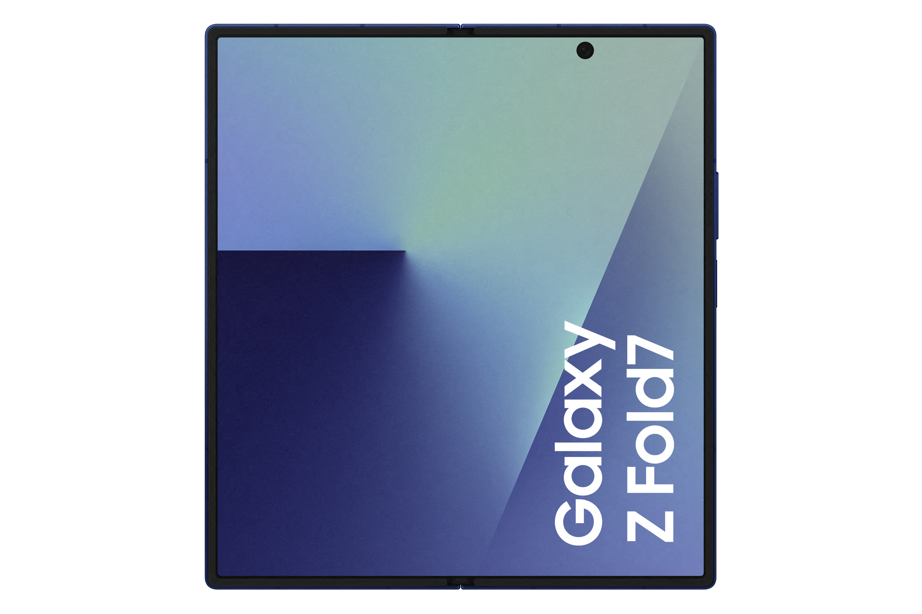 Blaues Smartphone, Galaxy Z Fold7, wird angezeigt. Der Bildschirm zeigt einen Farbverlauf von Blau und Grün. Es ist geöffnet.