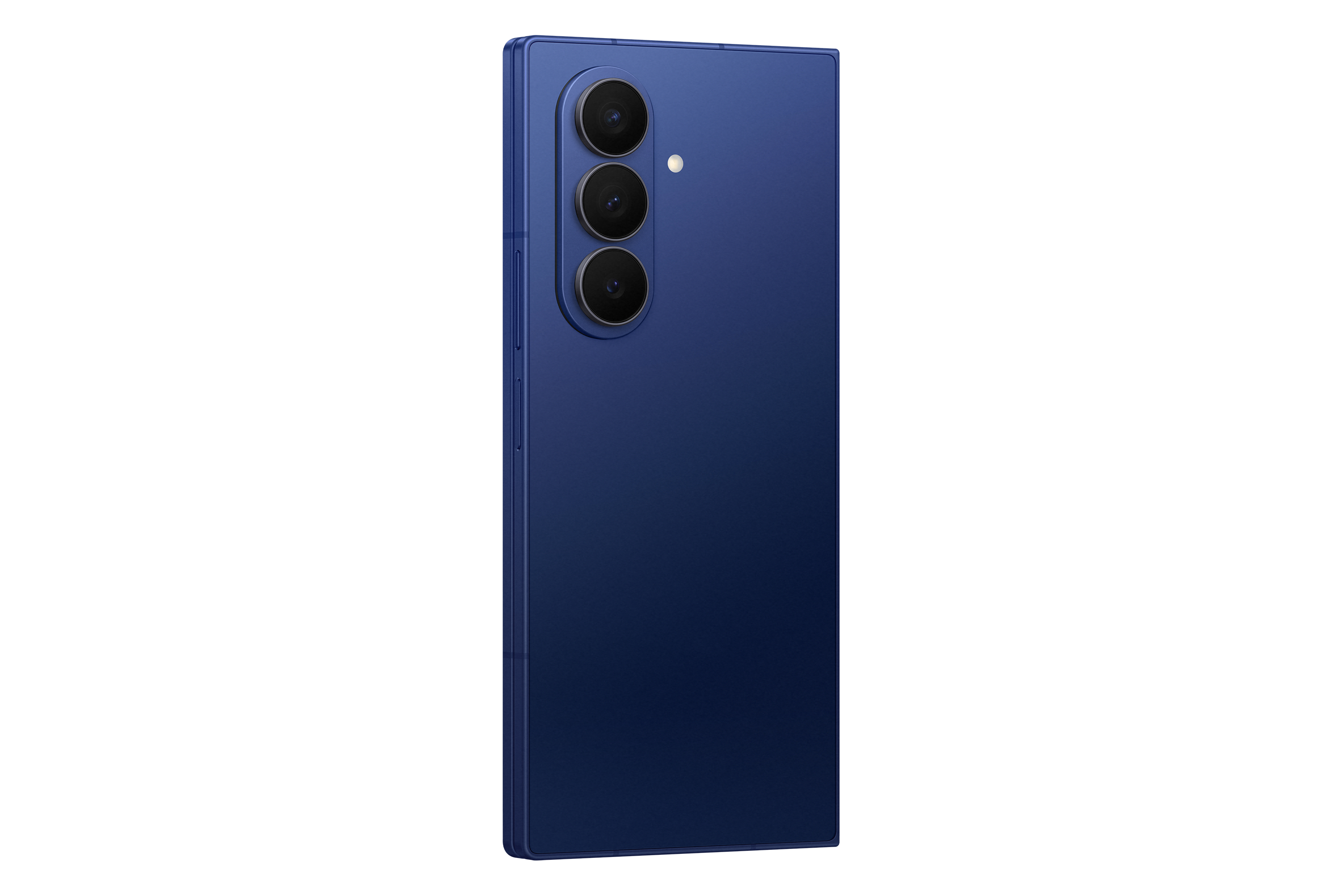 Rückansicht eines blauen Smartphones. Drei Kameralinsen sind sichtbar. Ein kleines Licht befindet sich neben den Linsen.