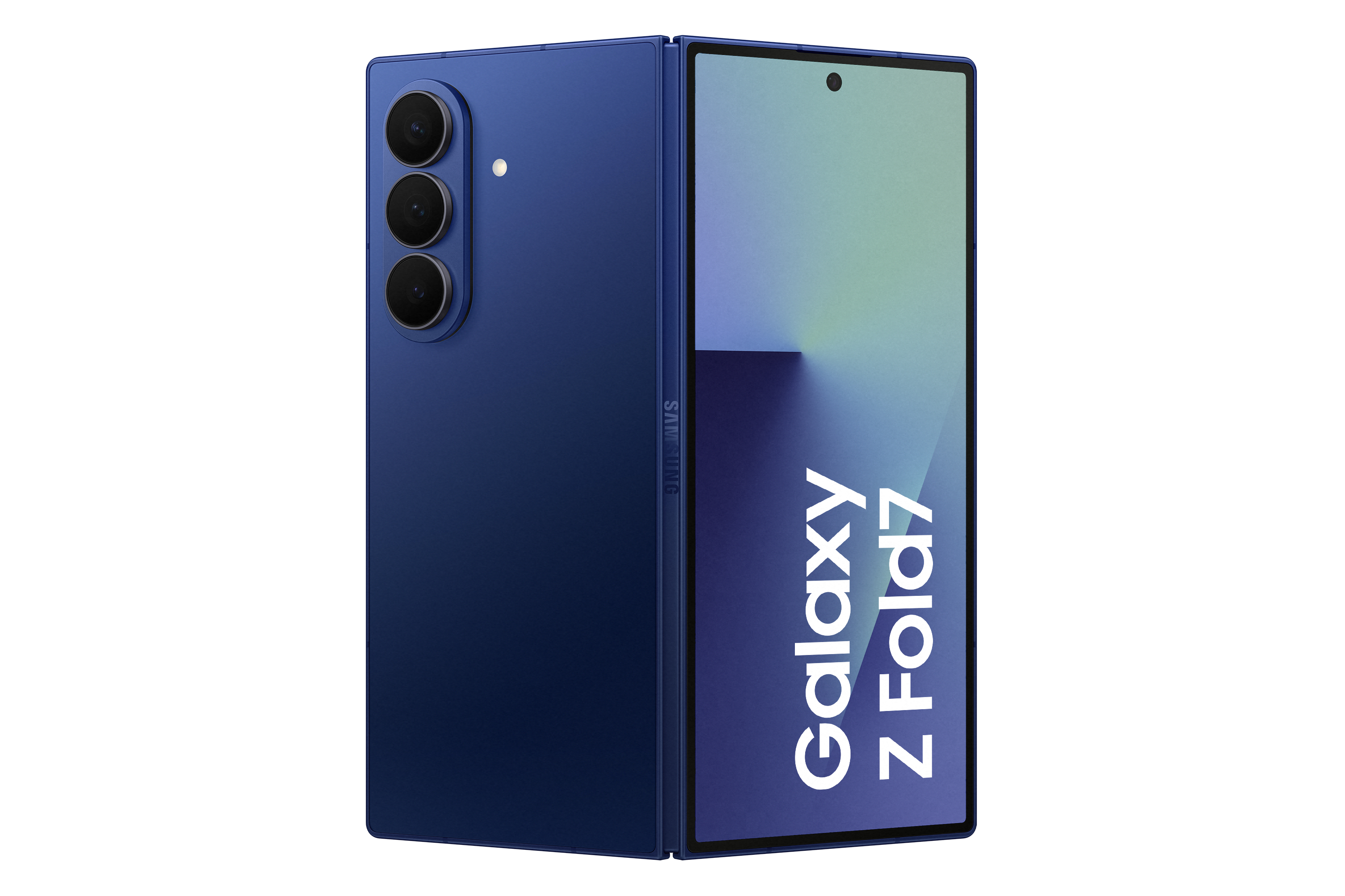 Ein blaues, zusammengeklapptes Samsung Galaxy Z Fold7-Handy. Der Bildschirm zeigt den Namen des Telefons.