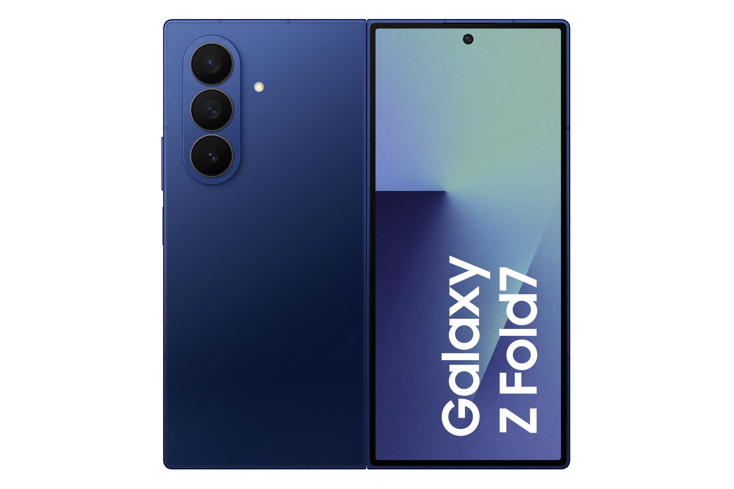 Ein blaues Samsung Galaxy Z Fold7-Telefon ist geöffnet dargestellt. Die Rückseite hat Kameras. Der Bildschirm zeigt den Namen Galaxy Z Fold7.