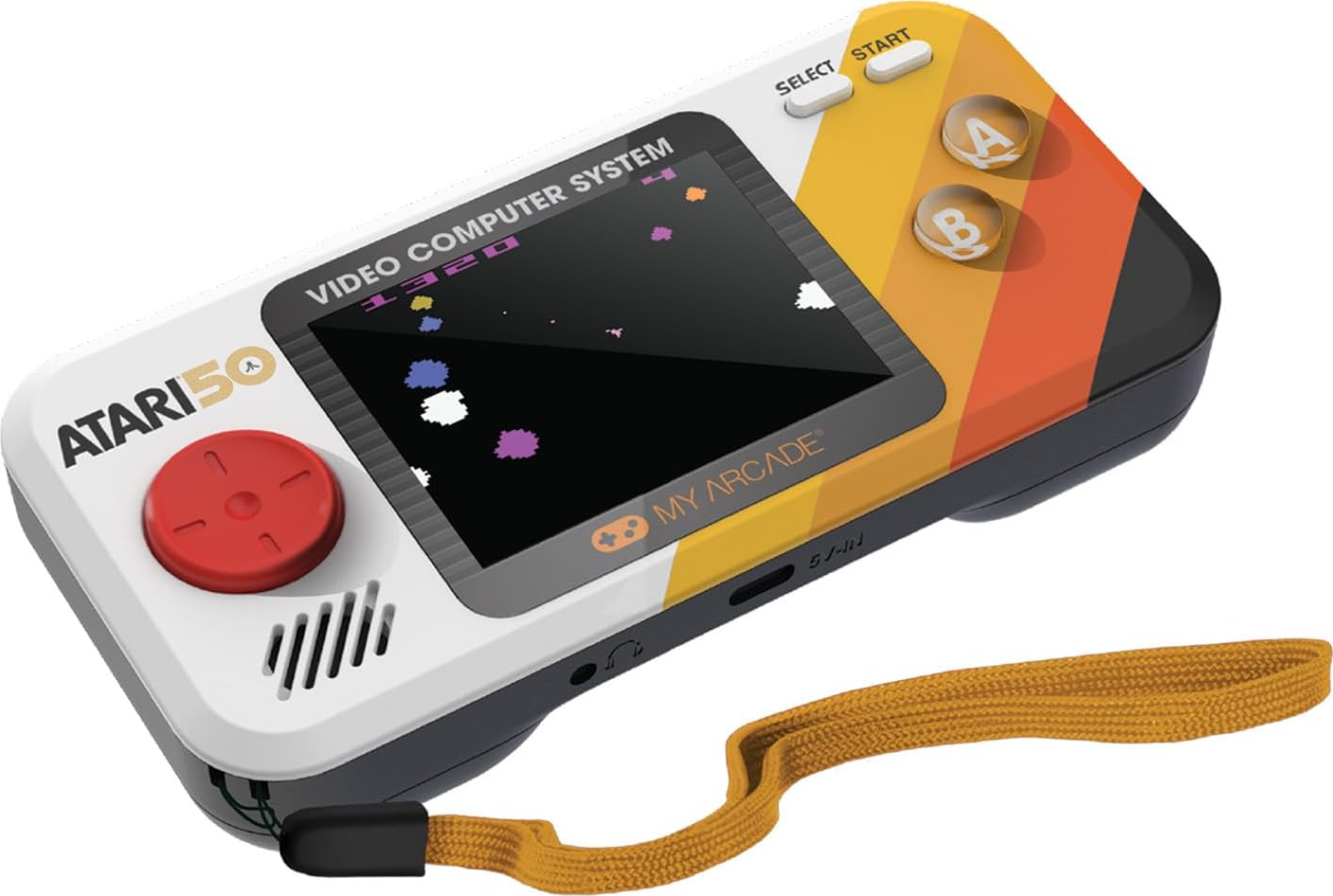 Une console de jeu portable rétro avec un écran affichant un jeu pixélisé. Elle a des boutons, un joystick et une dragonne.