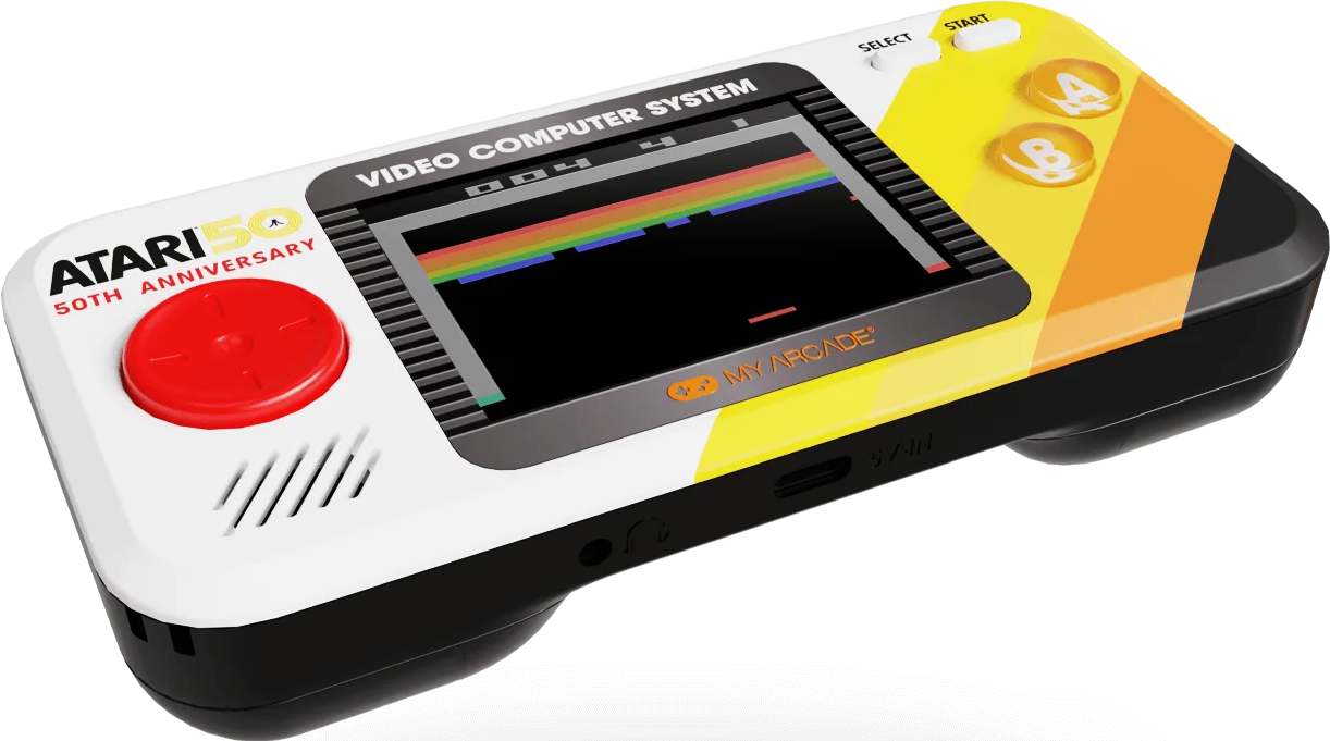 Une console de jeu Atari portable avec un écran affichant un jeu coloré. Elle a un bouton rouge, des accents jaunes et oranges et un boîtier noir.