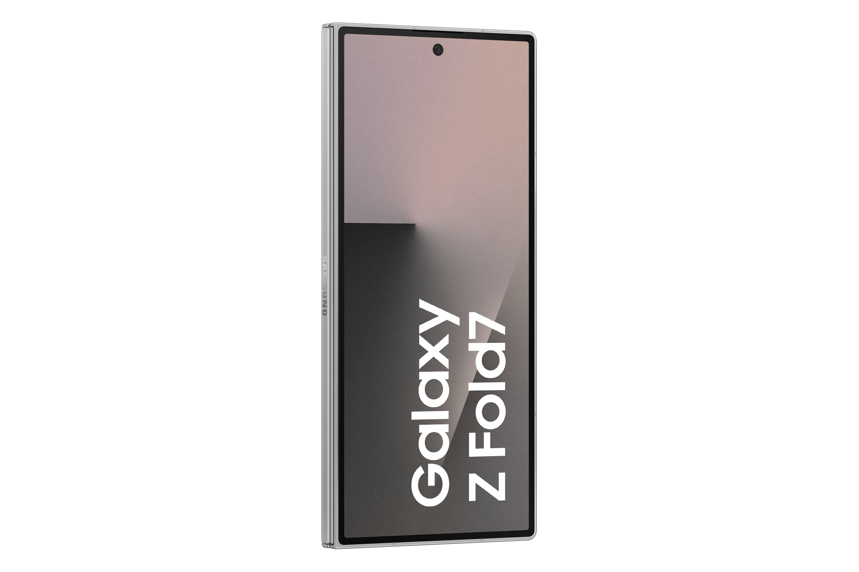 Silbernes Samsung Galaxy Z Fold7-Handy, geöffnet. Auf dem Bildschirm steht der Name des Telefons. Ein Kamera-Punkt ist sichtbar.