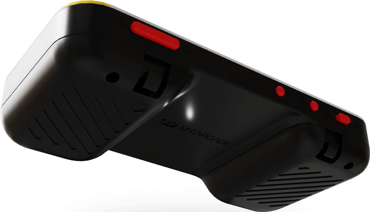 Une console de jeu portable noire avec des boutons rouges. Le dessus a une bande jaune. La marque 'MY ARCADE' est visible.