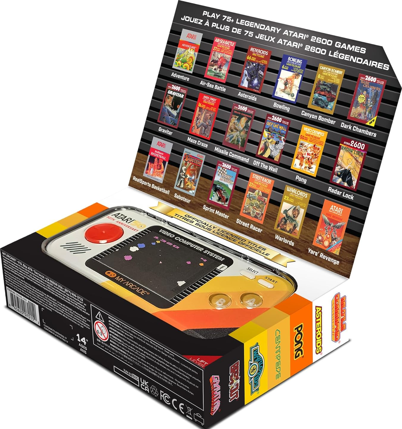 La boîte montre une console Atari rétro avec des cartouches de jeux. Le haut montre des jeux Atari 2600.