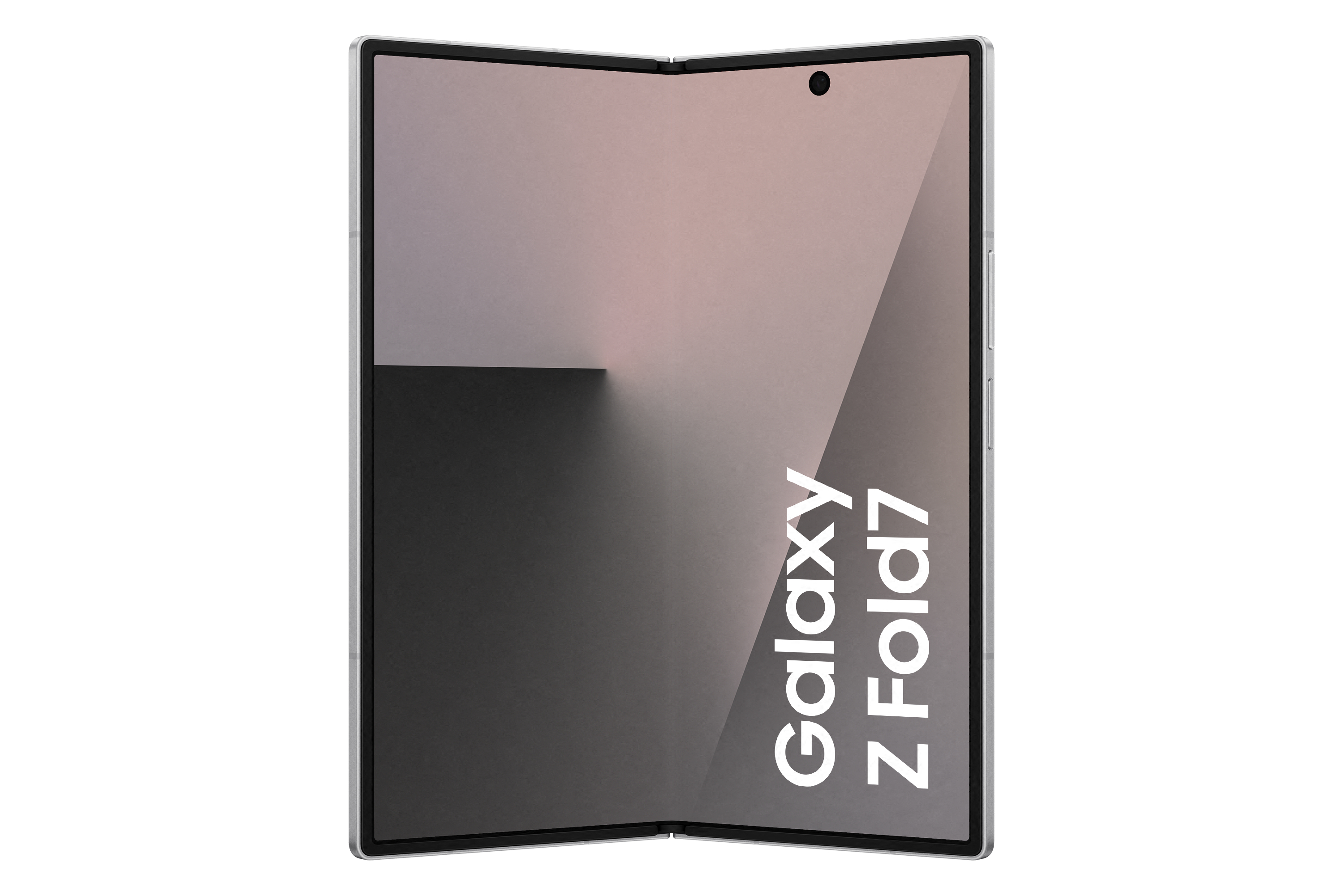 Ein faltbares Smartphone, Galaxy Z Fold7, wird geöffnet gezeigt. Der Bildschirm hat einen Farbverlauf. Das Telefon ist silber und weiß.