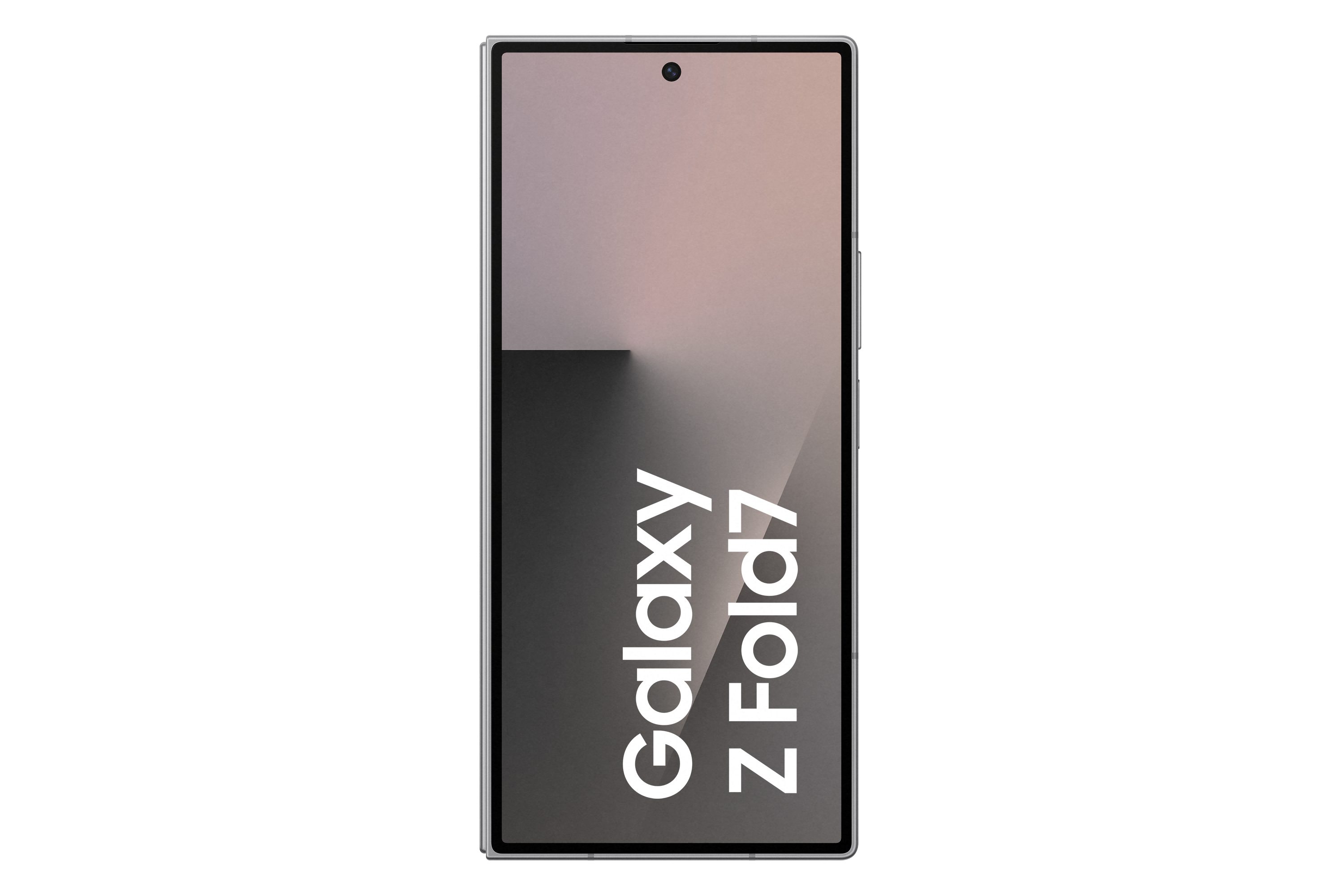 Ein silbernes Smartphone. Der Bildschirm zeigt einen Farbverlauf mit den Worten Galaxy Z Fold7.