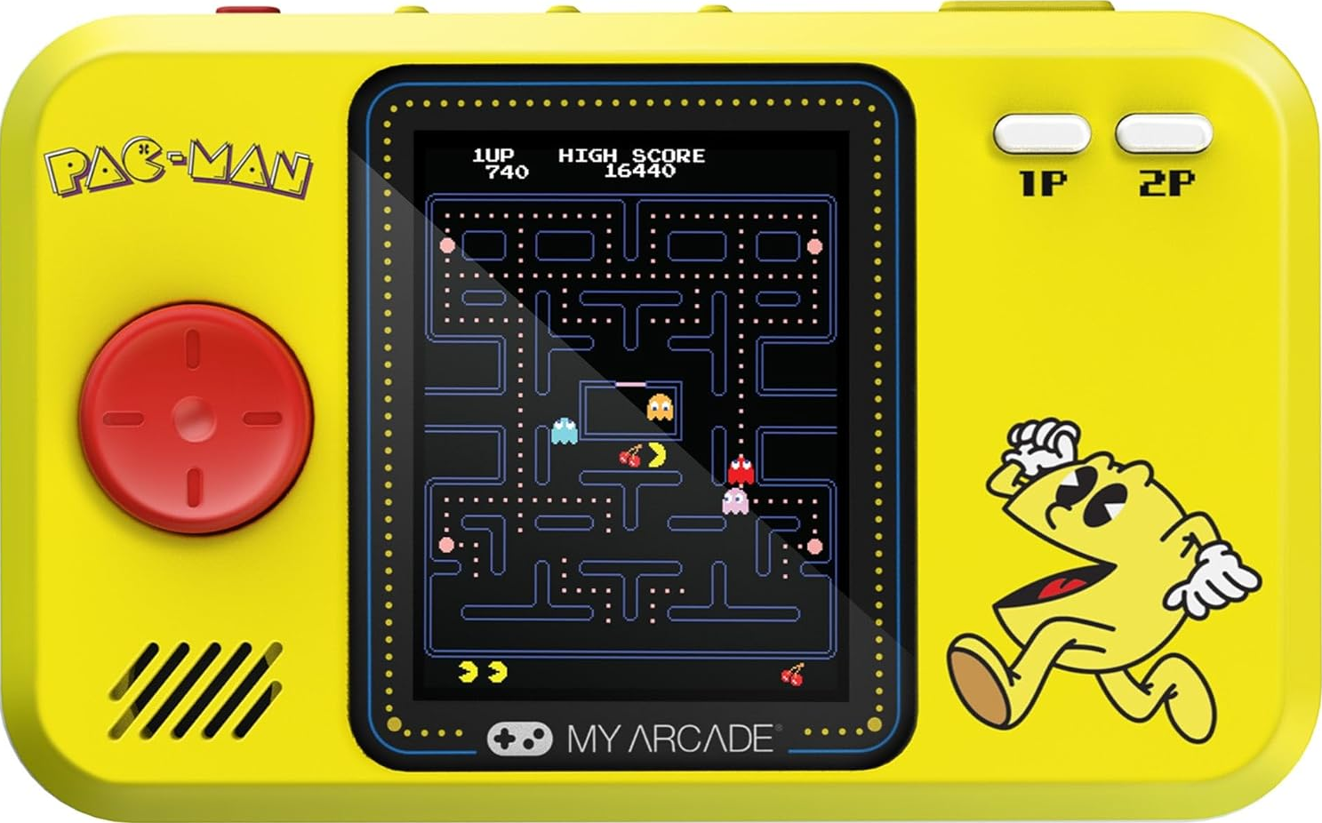 Une console de jeu portable Pac-Man jaune. Elle a un écran affichant le jeu, un joystick rouge et le personnage Pac-Man.