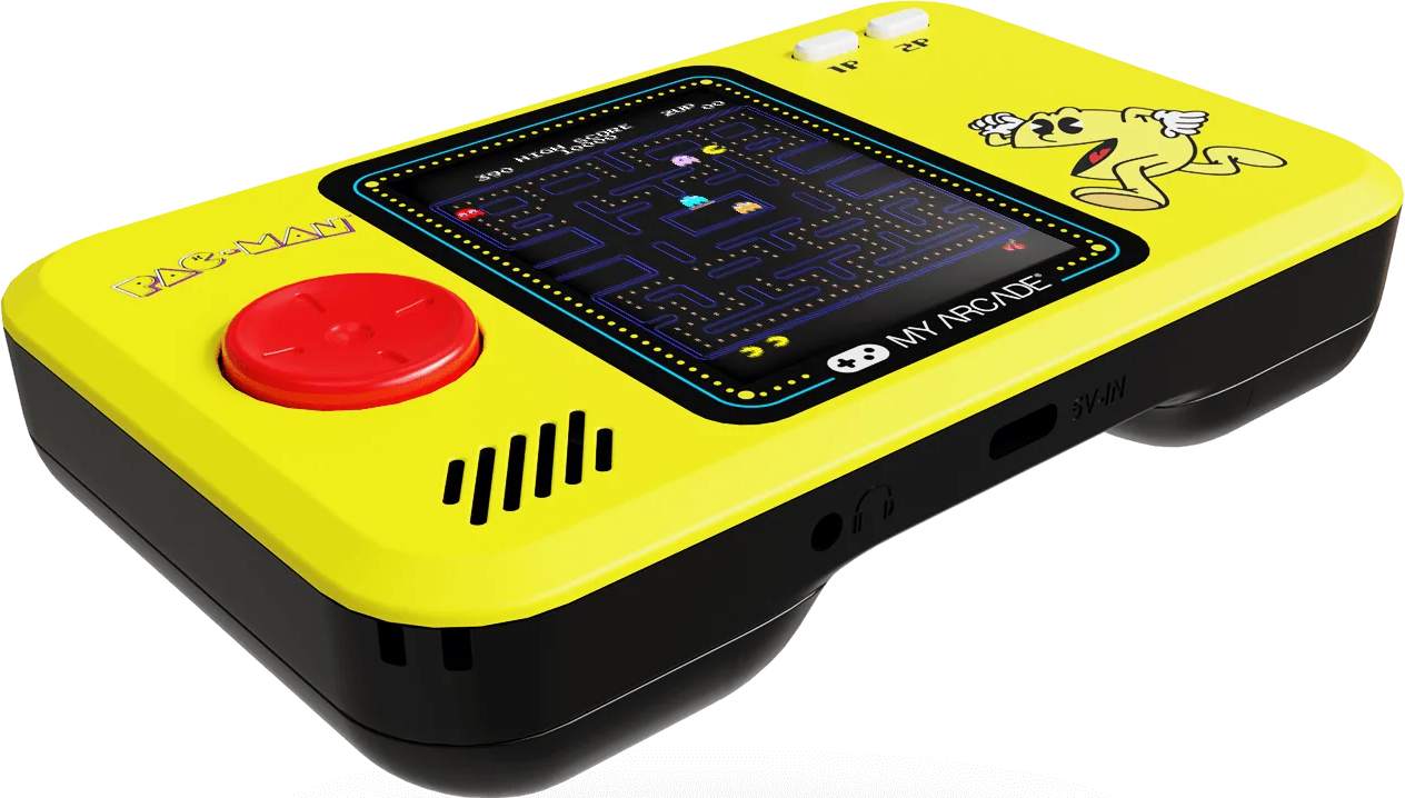 Console de jeu portable Pac-Man jaune. Comprend un bouton rouge, un écran de jeu et un graphisme du personnage Pac-Man. Socle noir.