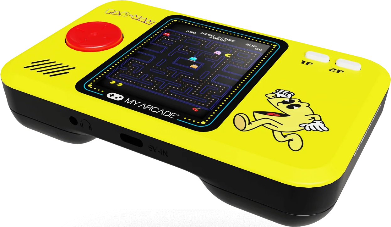 Un jeu d'arcade Pac-Man jaune. Il a un bouton rouge, un écran affichant le jeu et un personnage Pac-Man sur le côté.