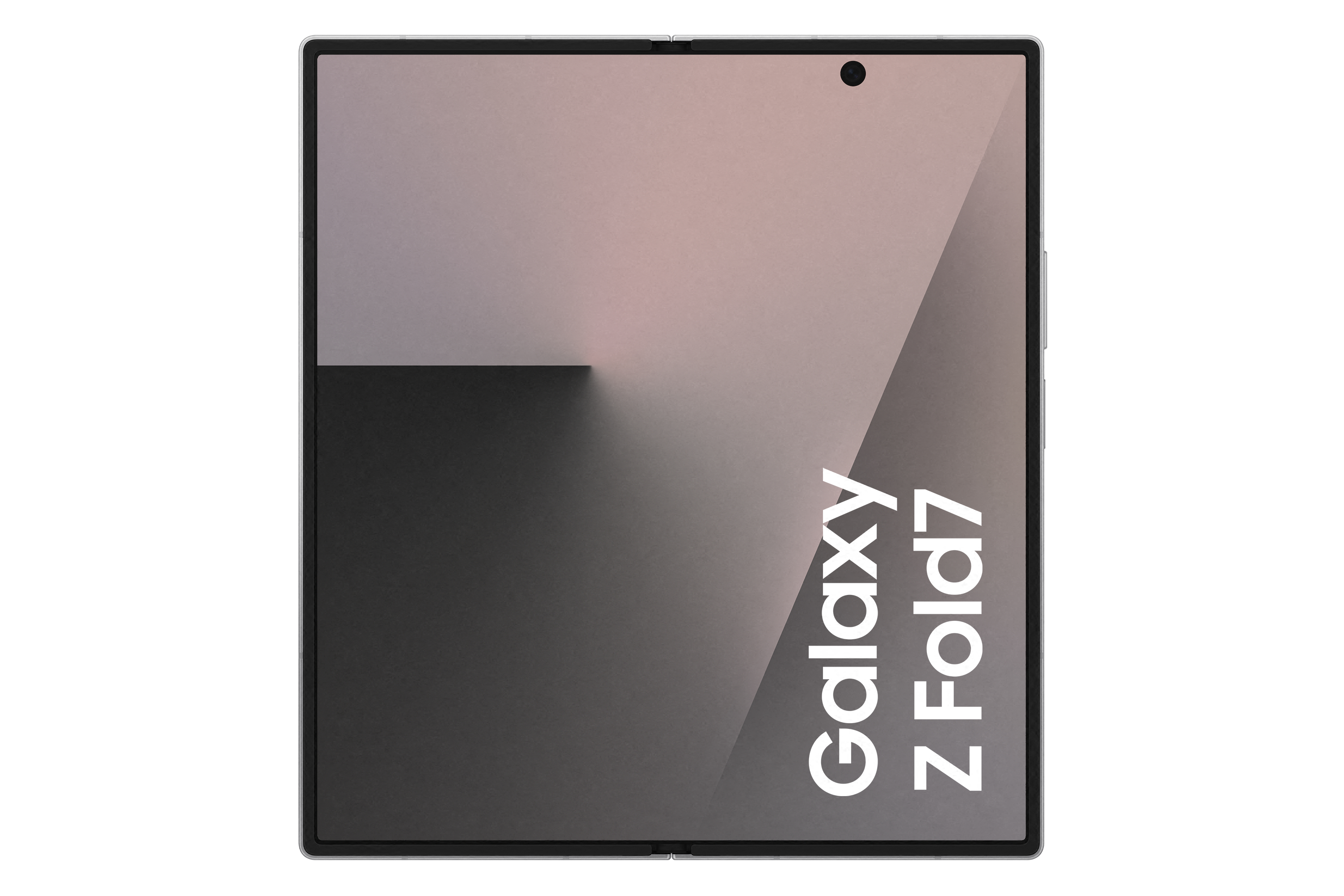 Ein Galaxy Z Fold7-Handy wird gefaltet angezeigt. Der Bildschirm hat einen Farbverlauf. Das Telefon befindet sich auf weißem Hintergrund.