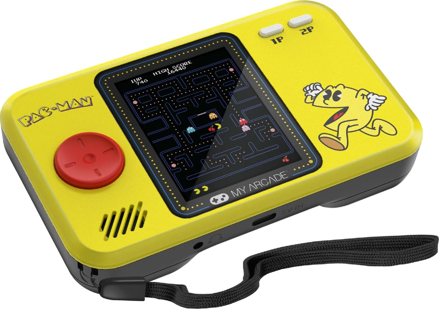 Une console de jeu portable Pac-Man jaune. Elle a un écran affichant le jeu, un joystick rouge et une image du personnage Pac-Man.