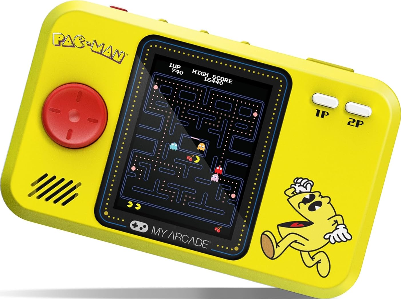 Une console de jeu d'arcade Pac-Man jaune. L'écran affiche le jeu. Un joystick rouge et des boutons blancs sont visibles sur l'appareil.