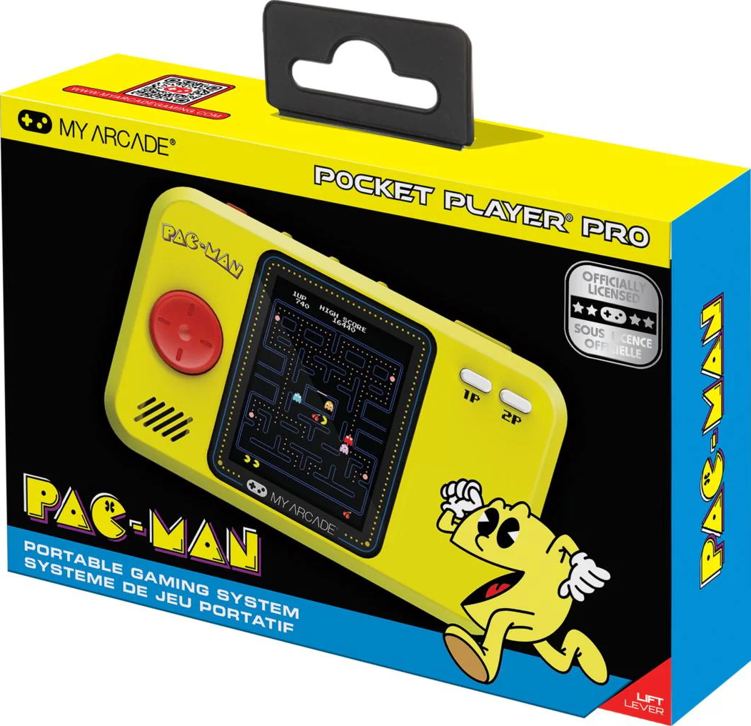 Boîte avec jeu portable Pac-Man jaune. Le jeu est en marche, affichant l'écran. Comprend le logo Pac-Man et le texte : Pocket Player Pro.
