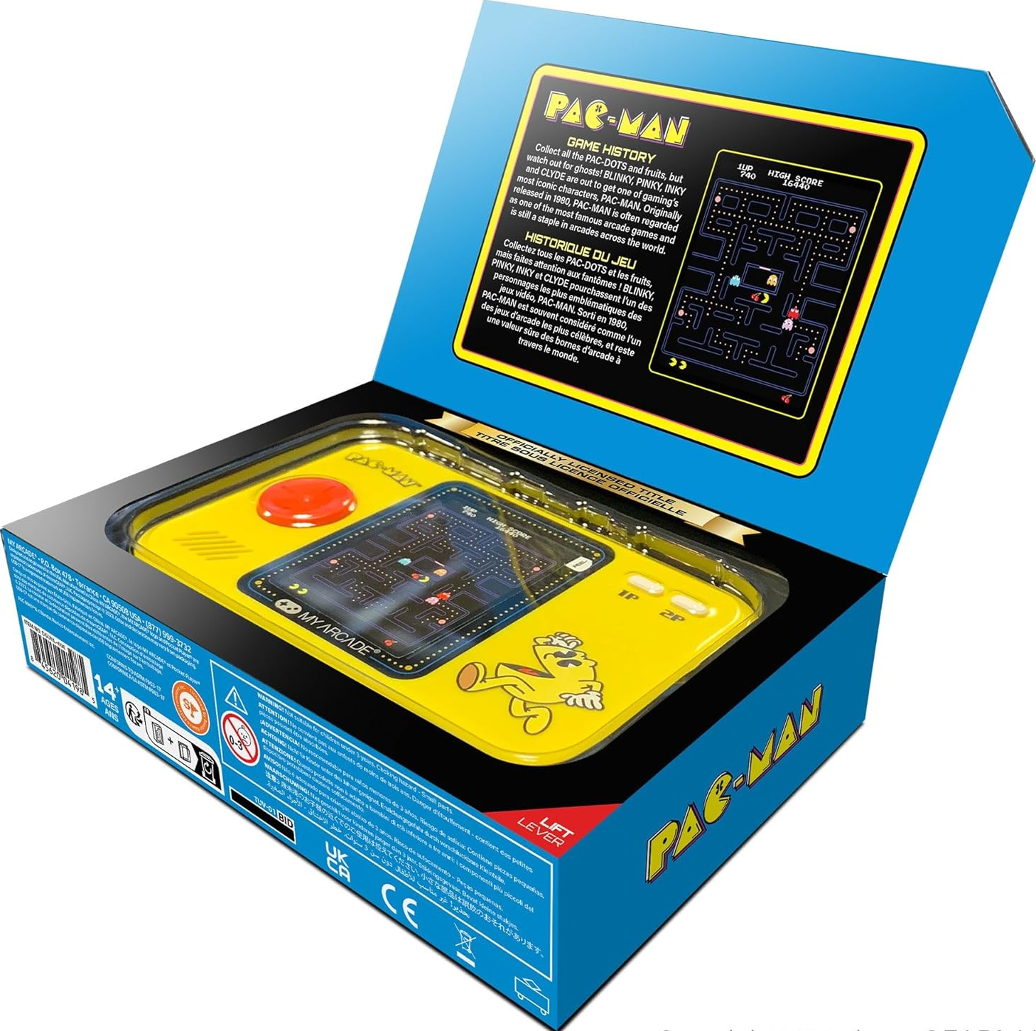 Jeu d'arcade Pac-Man dans une boîte. Console jaune avec écran et joystick. Boîte bleue avec logo Pac-Man.