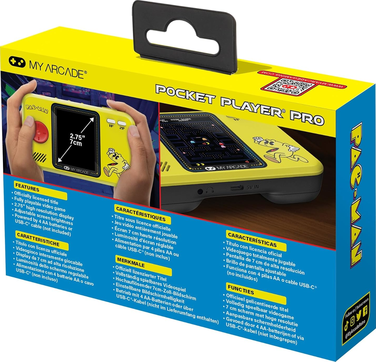 Une boîte jaune My Arcade Pocket Player Pro avec des graphiques Pac-Man, une console de jeu portable et des fonctionnalités répertoriées.