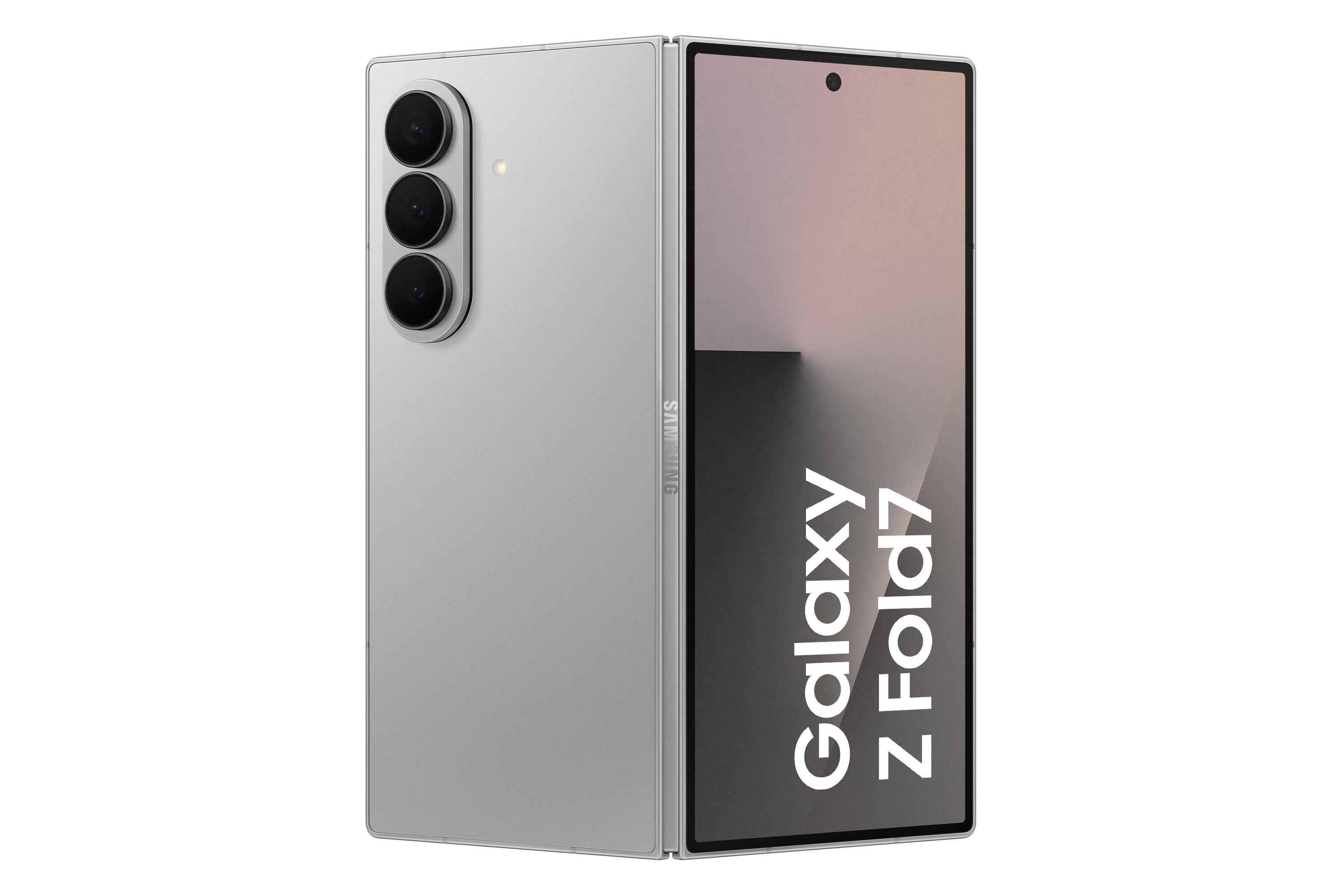 Ein silbernes Samsung Galaxy Z Fold7 ist geöffnet. Es hat drei Rückkameras und den Text 'Galaxy Z Fold7' auf dem Bildschirm.