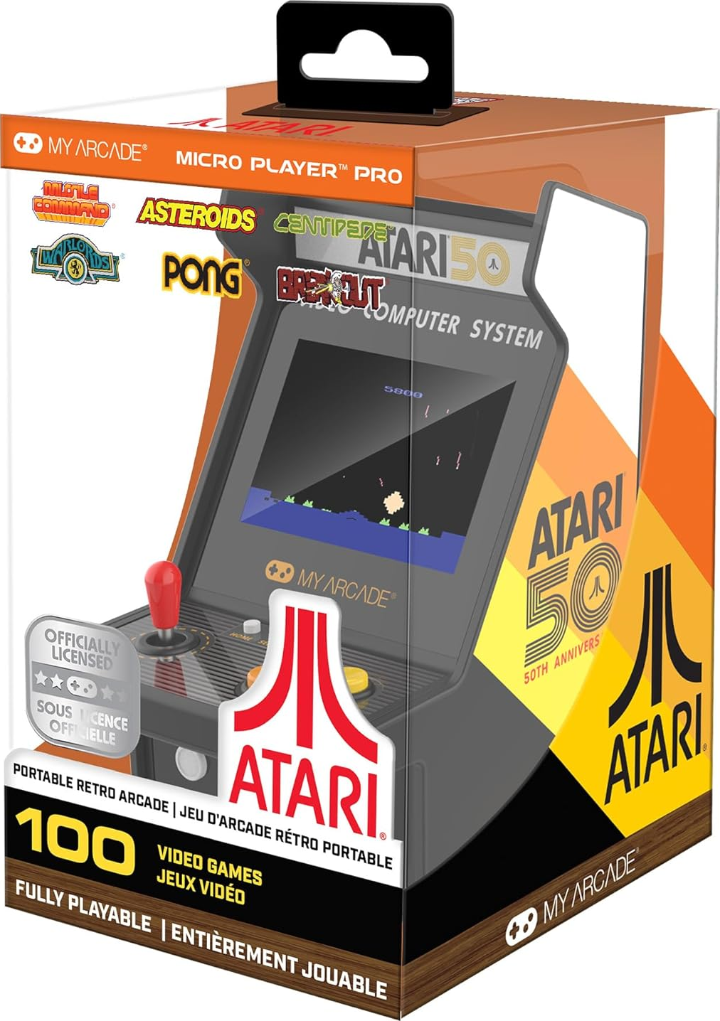 Atari My Arcade en boîte. Affiche une mini borne d'arcade avec le logo Atari et des jeux. La boîte contient du texte en anglais et en français.