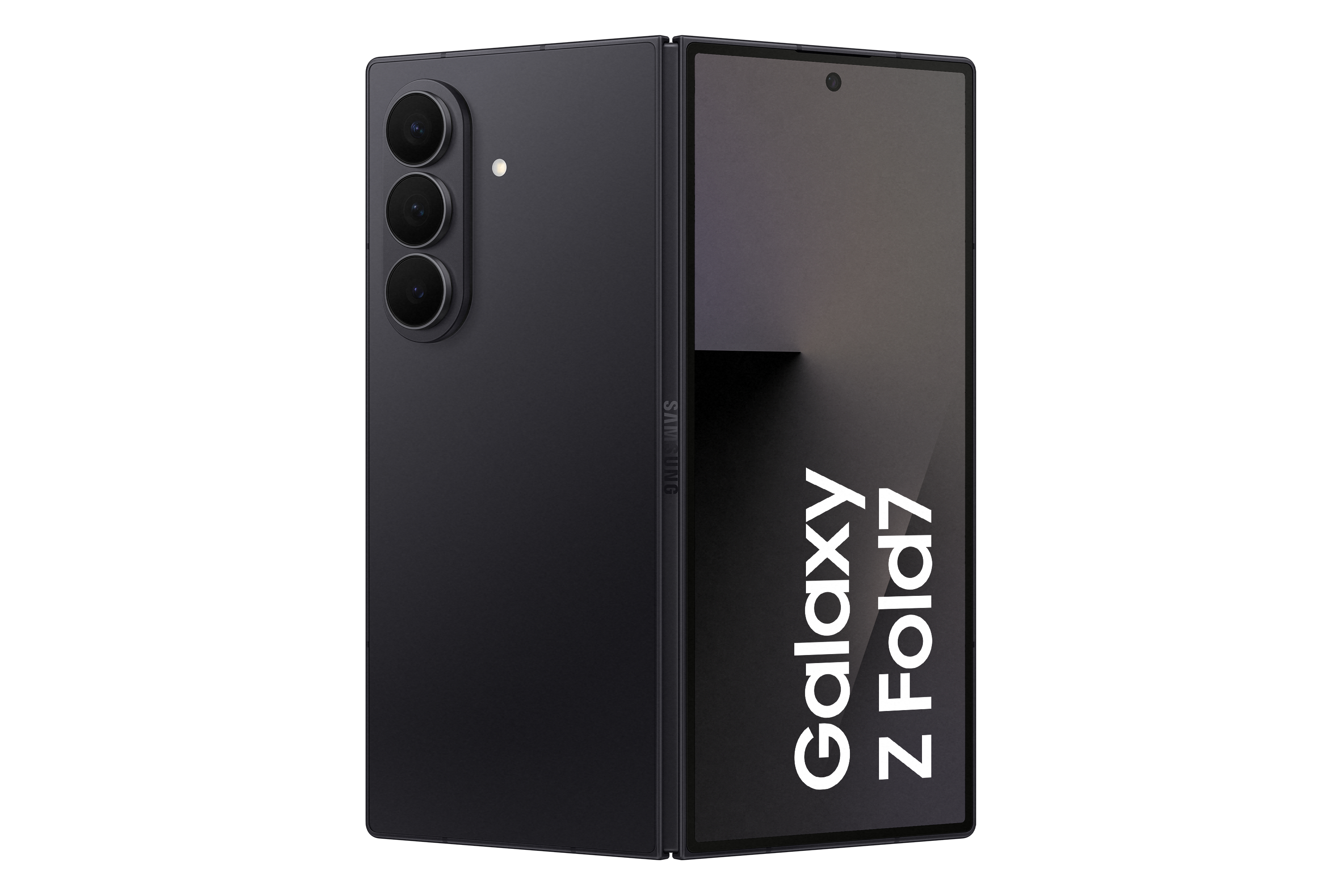 Ein schwarzes Samsung Galaxy Z Fold7 Smartphone ist teilweise geöffnet. Es hat drei Rückkameras und die Worte Galaxy Z Fold7.