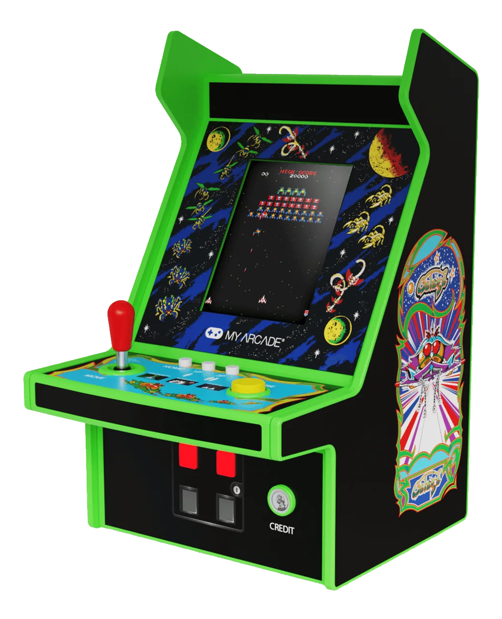 Mini-Spielautomat mit grünem und schwarzem Design. Bildschirm zeigt Space Invaders. Roter Joystick und Knöpfe. "My Arcade"-Logo.