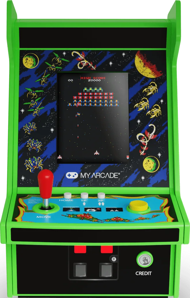 Ein grüner Spielautomat mit einem Bildschirm, der ein Retro-Weltraum-Shooter-Spiel, Joystick, Knöpfe und Weltraum-Dekorationen anzeigt.