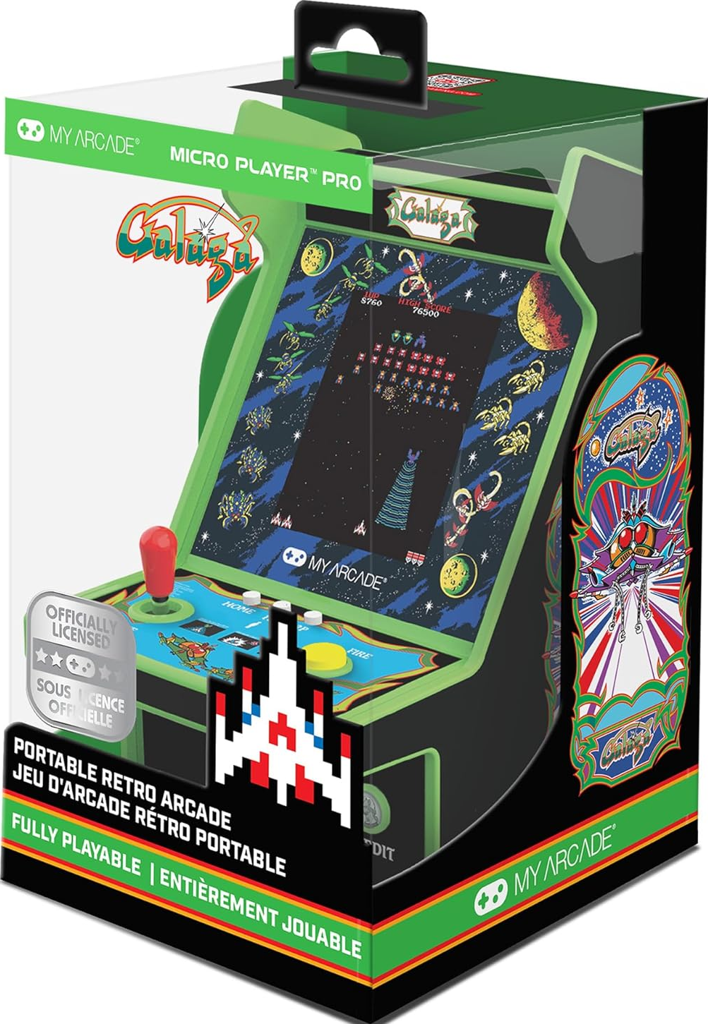 Ein My Arcade Galaga Micro Player Pro Arcade-Spiel. Es hat einen grünen Rahmen, einen roten Joystick und eine pixelige Alien-Szene.