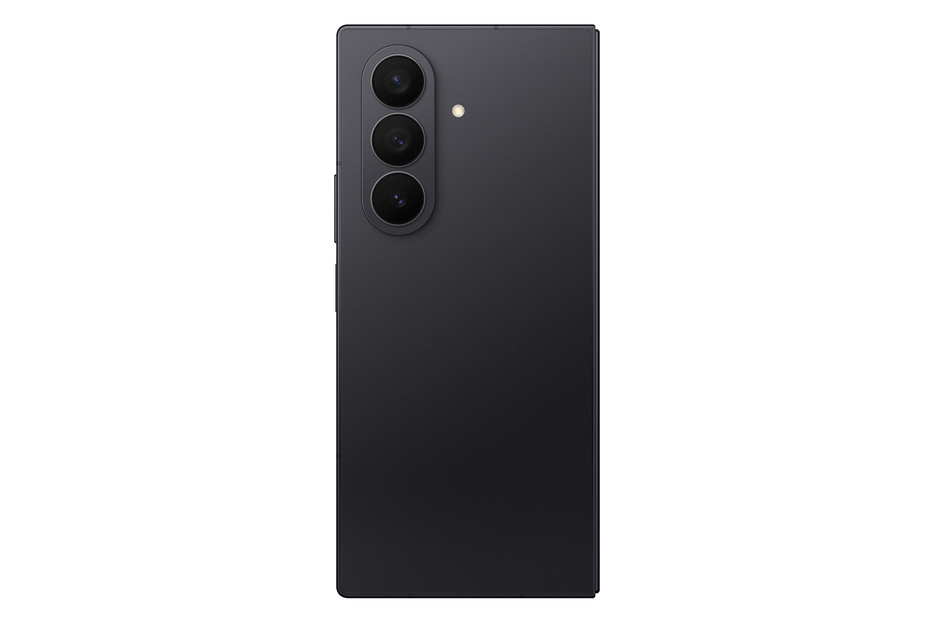 Dunkelgraue Smartphone-Rückseite. Dreifach-Kamera-Anordnung oben und ein Blitz. Weißer Hintergrund.