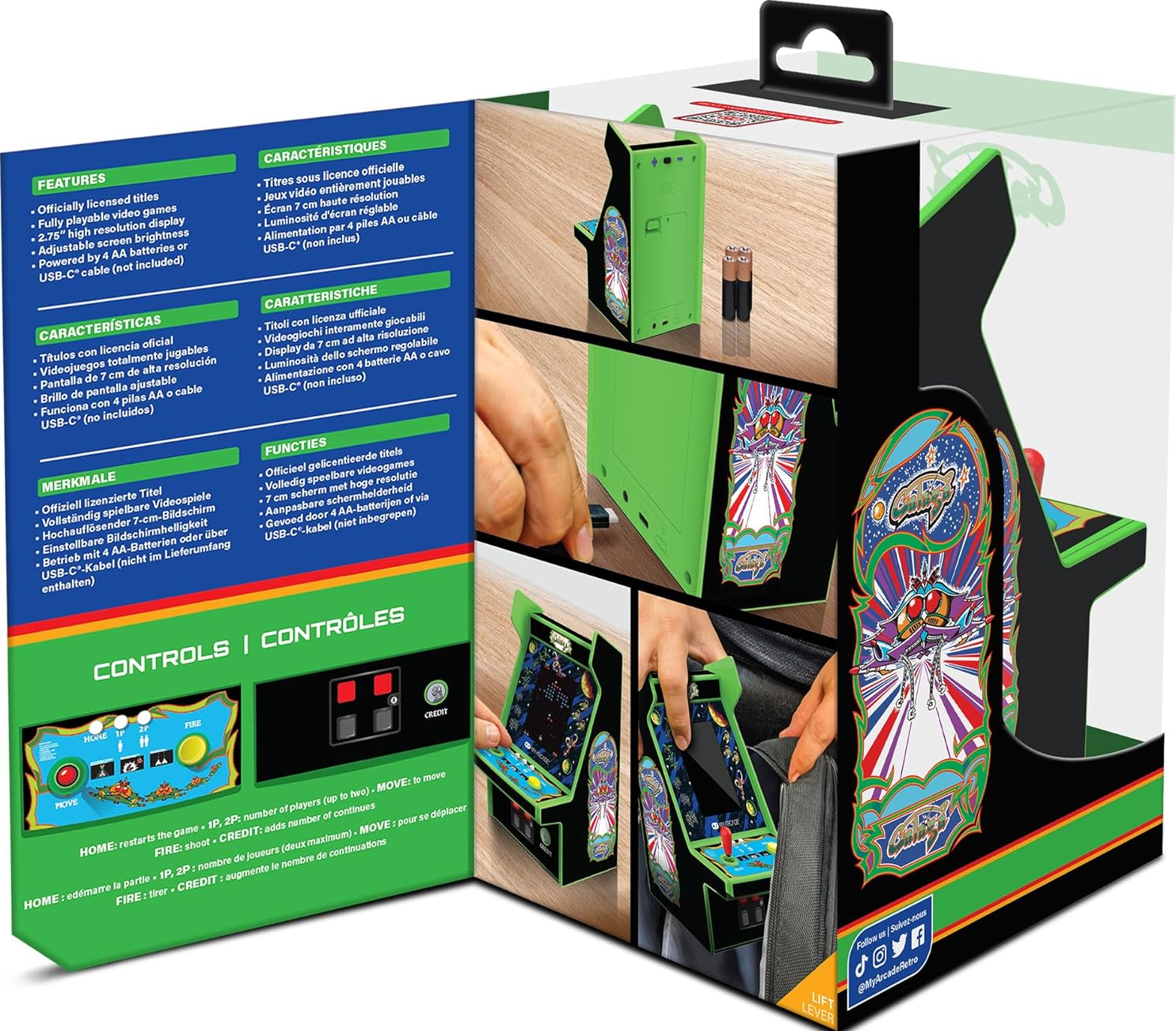 Schachtel mit grünem und schwarzem Retro-Arcade-Spiel. Bildschirm, Knöpfe und Joystick. Details und Eigenschaften sind gelistet.