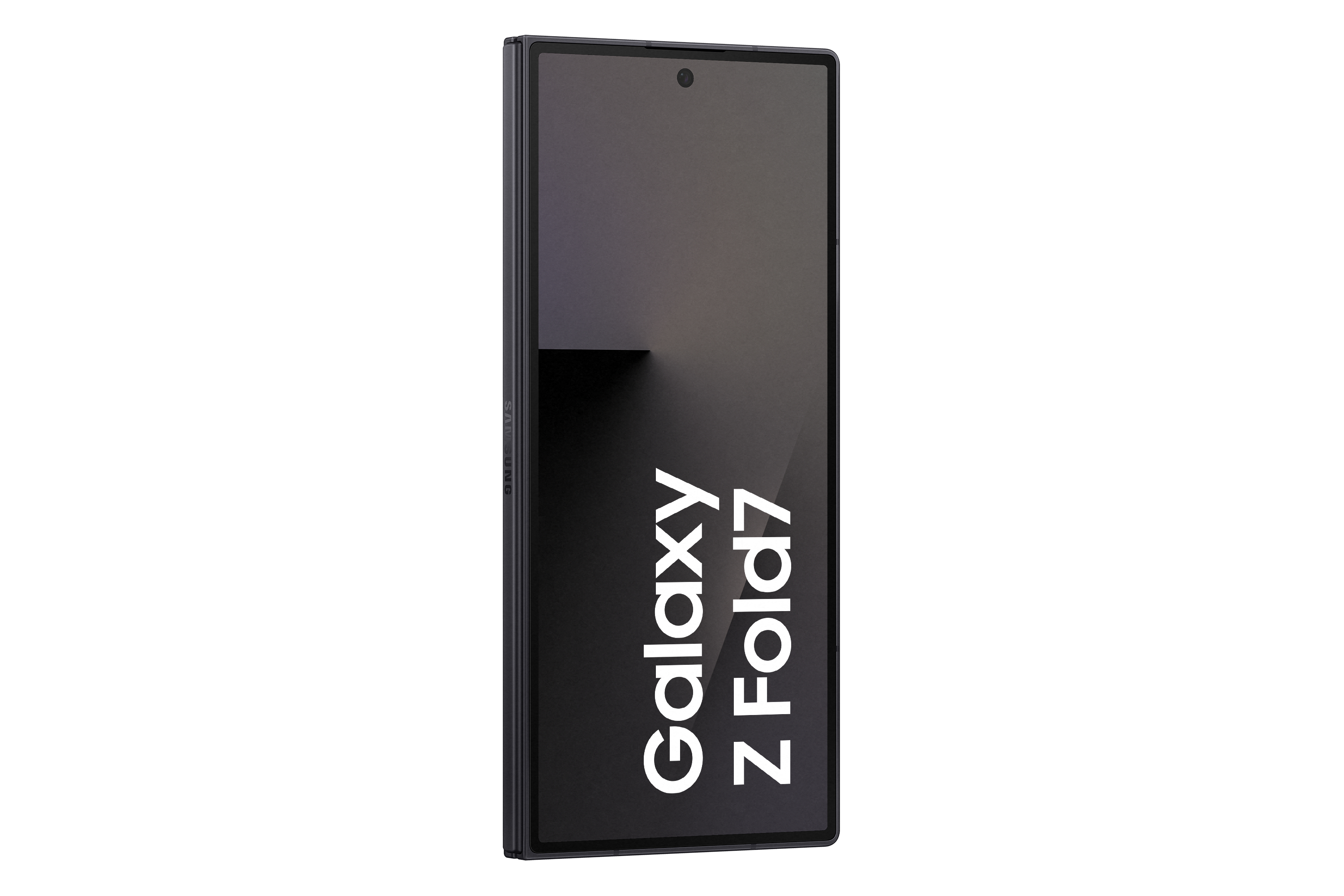 Schwarzes Samsung Galaxy Z Fold7-Telefon. Der Bildschirm zeigt einen Farbverlauf. Das Telefon steht aufrecht, mit 'Galaxy Z Fold7'.