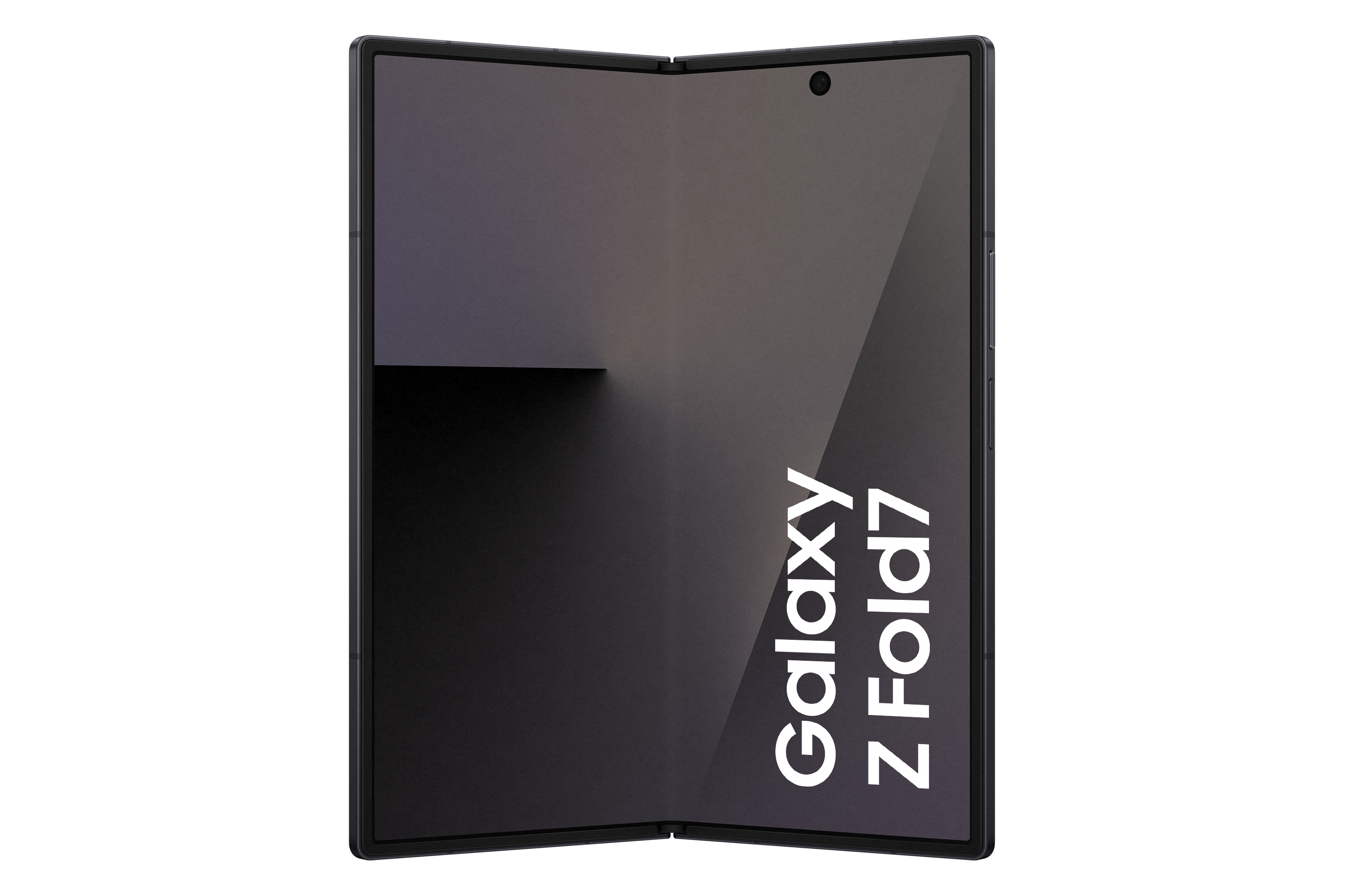 Ein schwarzes Samsung Galaxy Z Fold7, aufgeklappt. Der Bildschirm zeigt einen Farbverlauf. Das Telefon ist vor weißem Hintergrund.