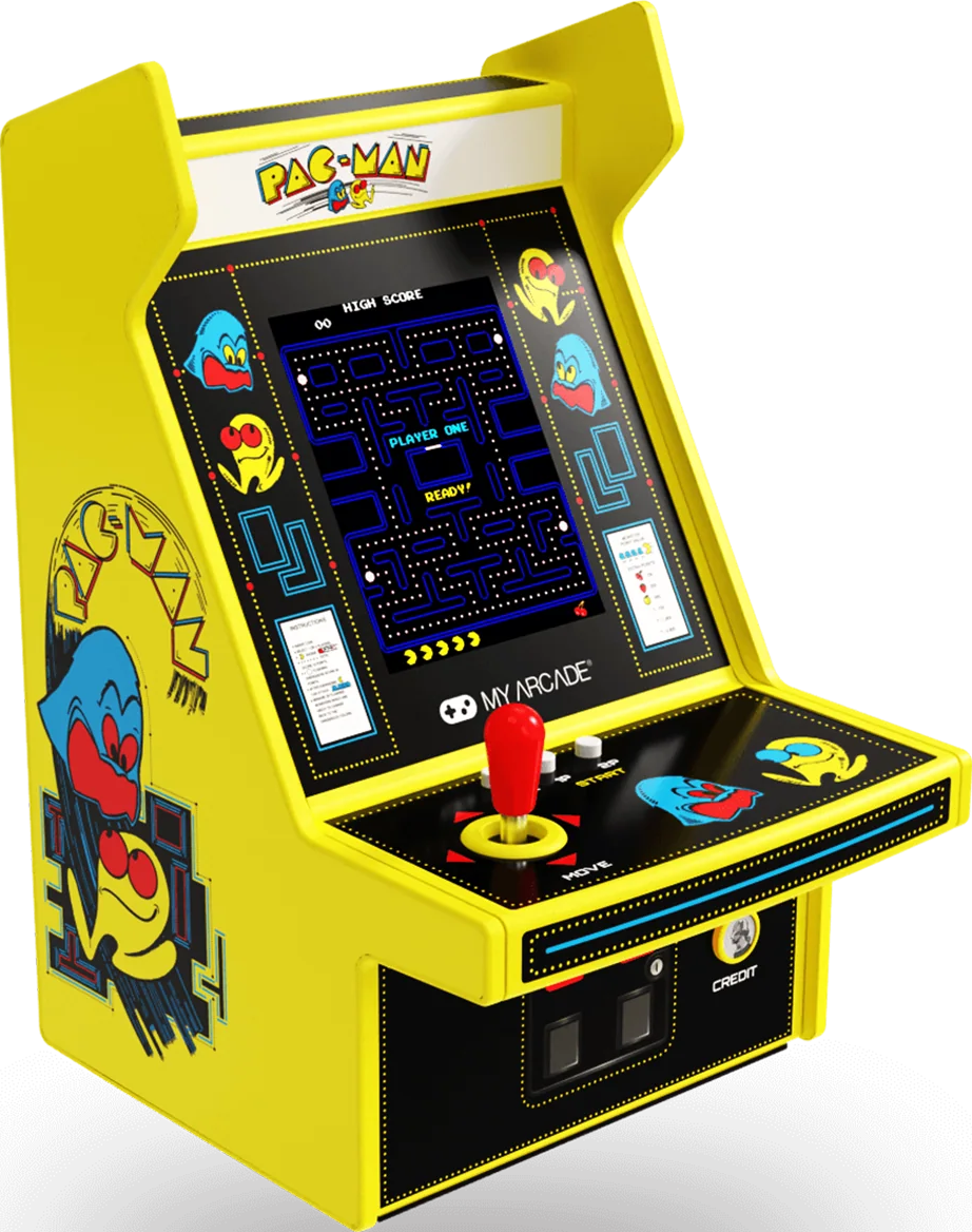 Une borne d'arcade Pac-Man jaune avec un joystick rouge, un écran noir et des personnages Pac-Man.