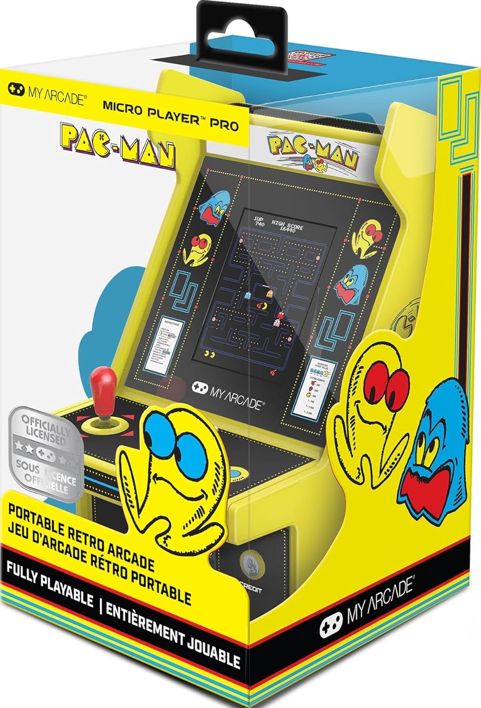 Une borne d'arcade Pac-Man dans sa boîte. La boîte est jaune et bleue. Le jeu est en marche, affichant l'écran Pac-Man.