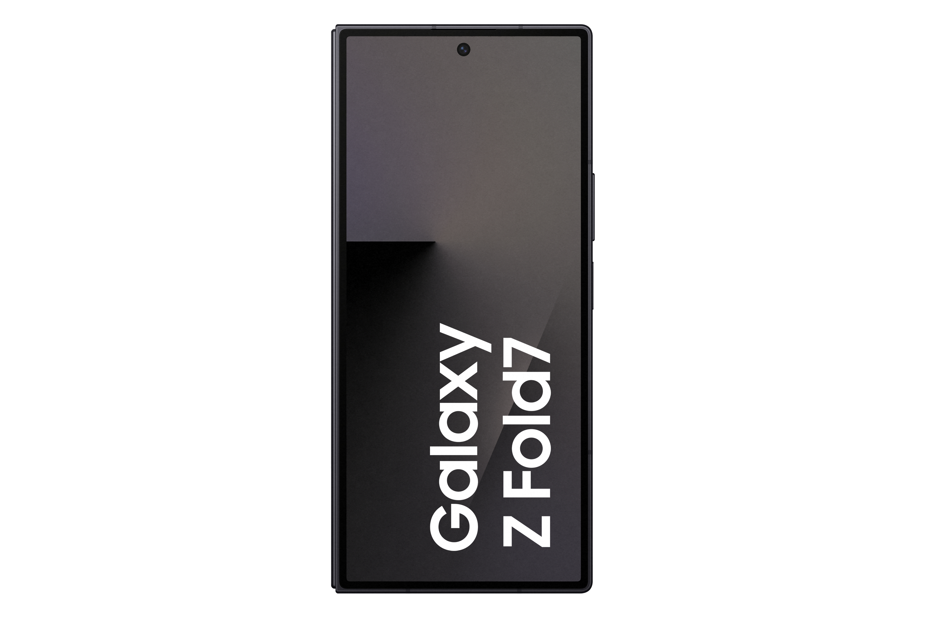 Ein schwarzes Samsung Galaxy Z Fold7-Smartphone wird angezeigt. Der Bildschirm zeigt einen dunklen Farbverlauf mit dem Namen des Telefons in Weiß.