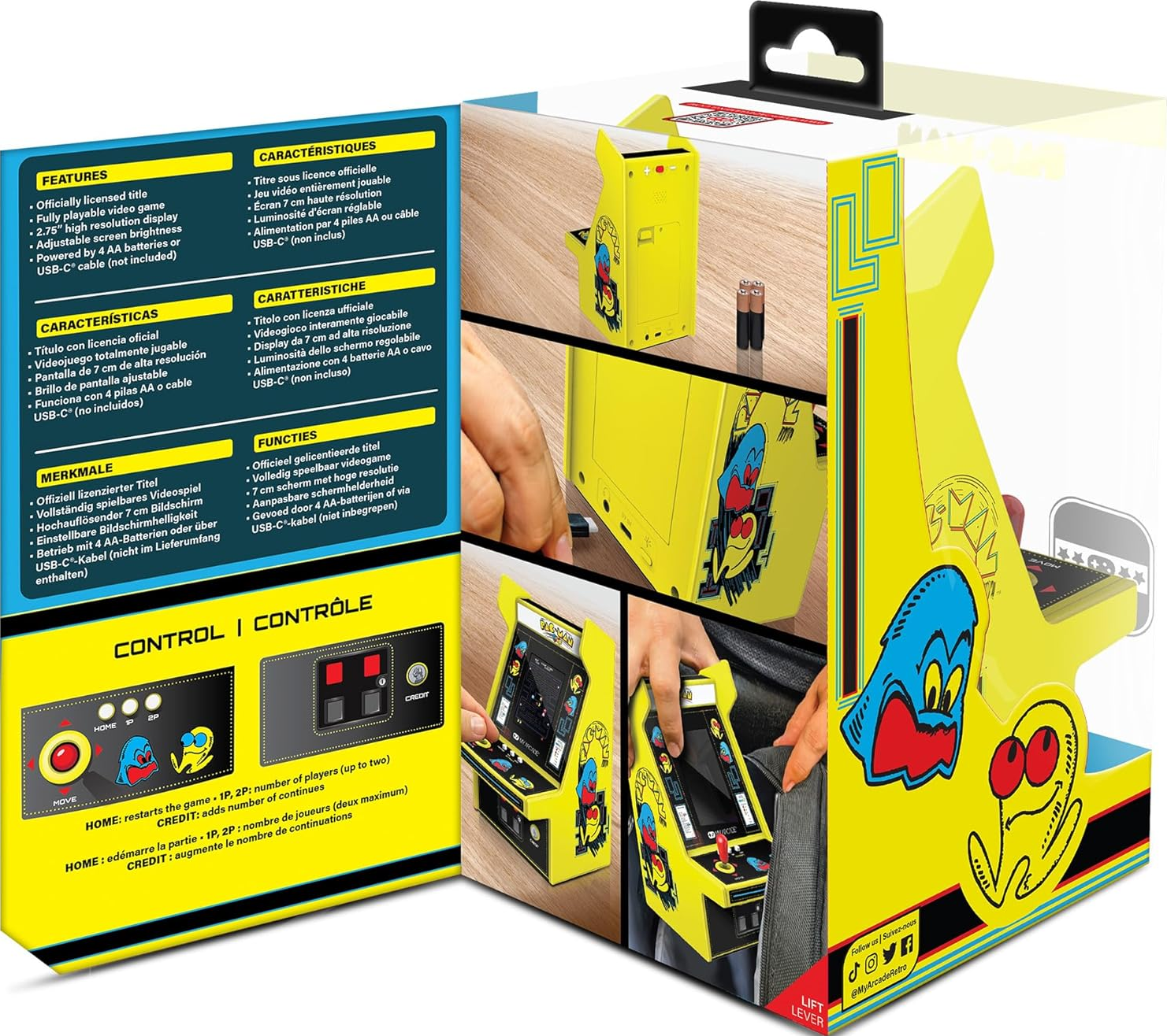 Une boîte de jeu d'arcade Pac-Man jaune. Caractéristiques : écran haute résolution, luminosité réglable et alimentation USB-C.