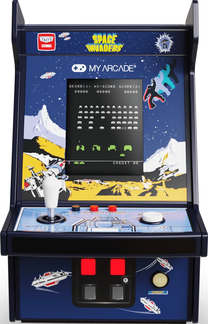 Une borne d'arcade avec le jeu Space Invaders. Elle possède un joystick, des boutons et un écran affichant le jeu avec des envahisseurs extraterrestres.