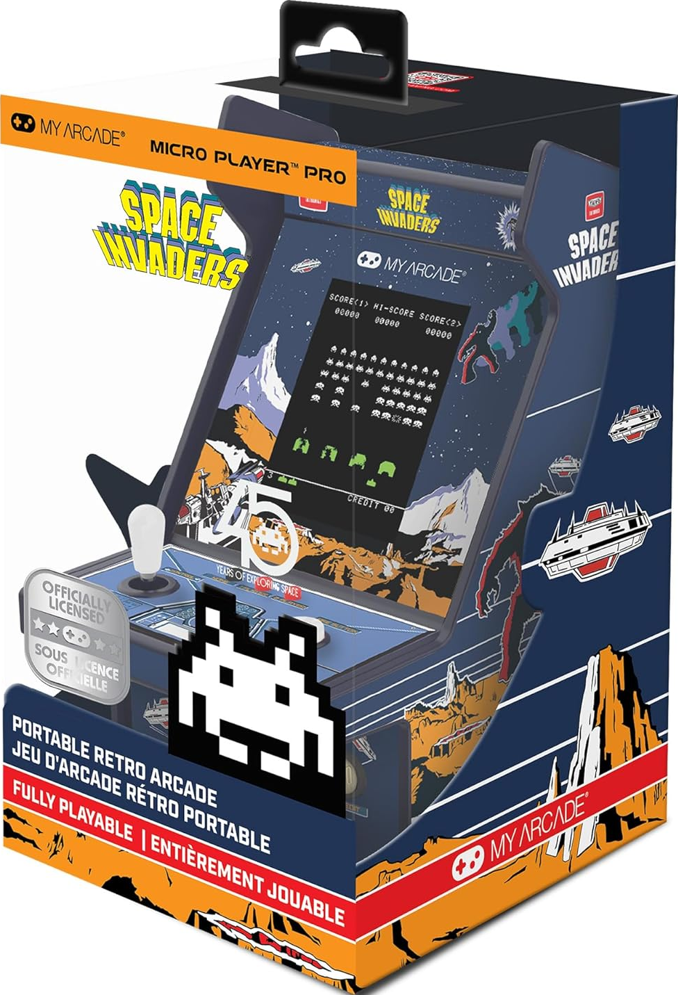 Boîte d'un jeu d'arcade Space Invaders. C'est une borne d'arcade portable rétro avec le logo My Arcade et Space Invaders.