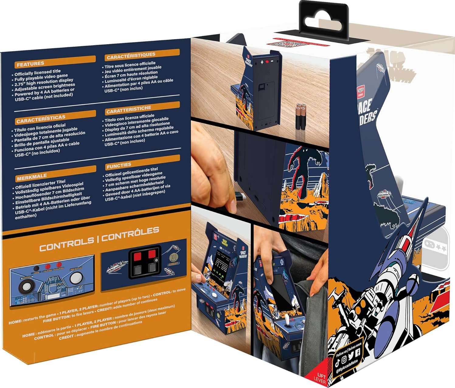 Jeu d'arcade miniature en boîte. Comprend des détails sur le jeu, des boutons de commande et un graphique coloré d'un vaisseau spatial et d'une planète.