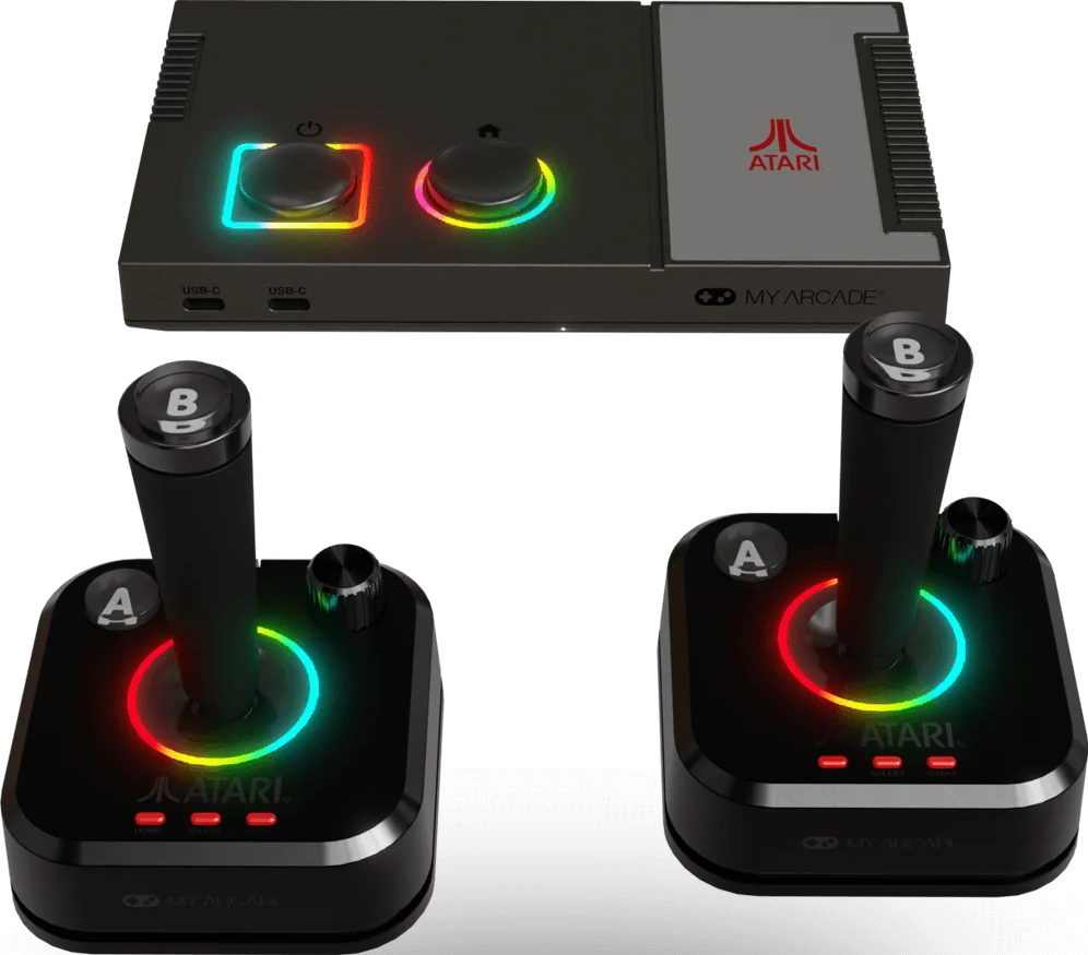 Une console de jeu Atari noire avec deux joysticks. La console a des boutons lumineux. Les joysticks ont des boutons A et B.