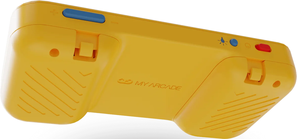 Console de jeu portable jaune avec des boutons bleus et rouges et une bande bleue sur le dessus. Le logo My Arcade est visible.