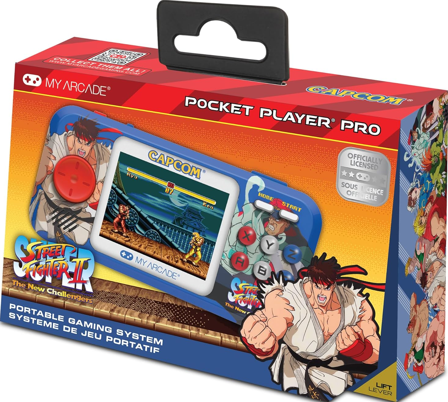 Boîte d'un Pocket Player Pro avec le jeu Street Fighter II. On voit Ryu et Ken se battre, et un joystick rouge à gauche.