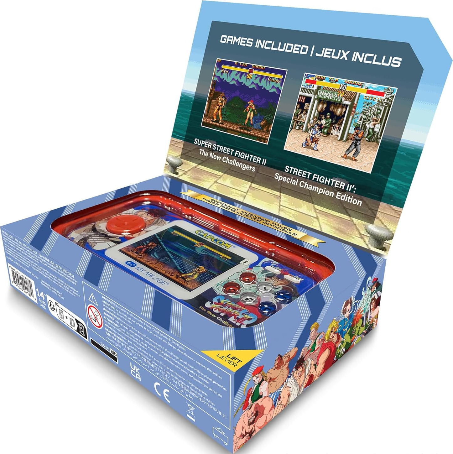 Jeu My Arcade en boîte avec Street Fighter II. Comprend des écrans de jeu et des personnages. Les couleurs bleu et rouge dominent l'emballage.
