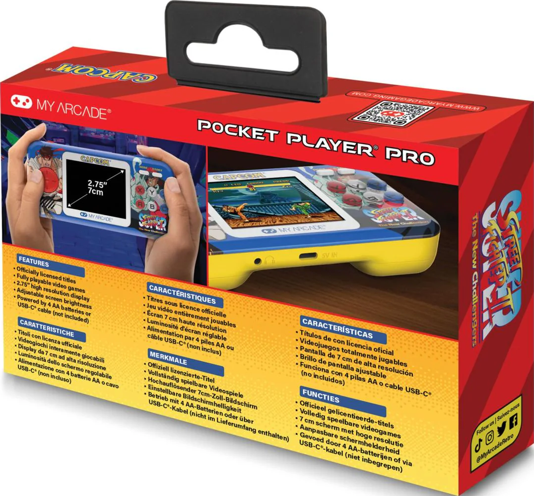 Boîte du My Arcade Pocket Player Pro. Elle montre une console portable avec un écran affichant un jeu de combat.