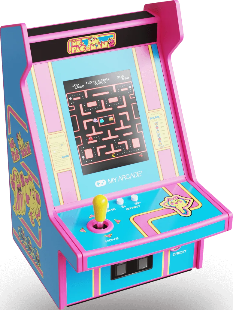 Une borne d'arcade Ms. Pac-Man rose et bleue. L'écran affiche le jeu. Elle possède un joystick, des boutons et une fente à pièces.