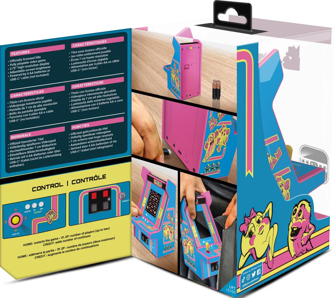 Boîte avec mini jeu d'arcade. Couleurs bleu et rose. Fonctionnalités du jeu sur la boîte. Mini jeu d'arcade visible dans la boîte.