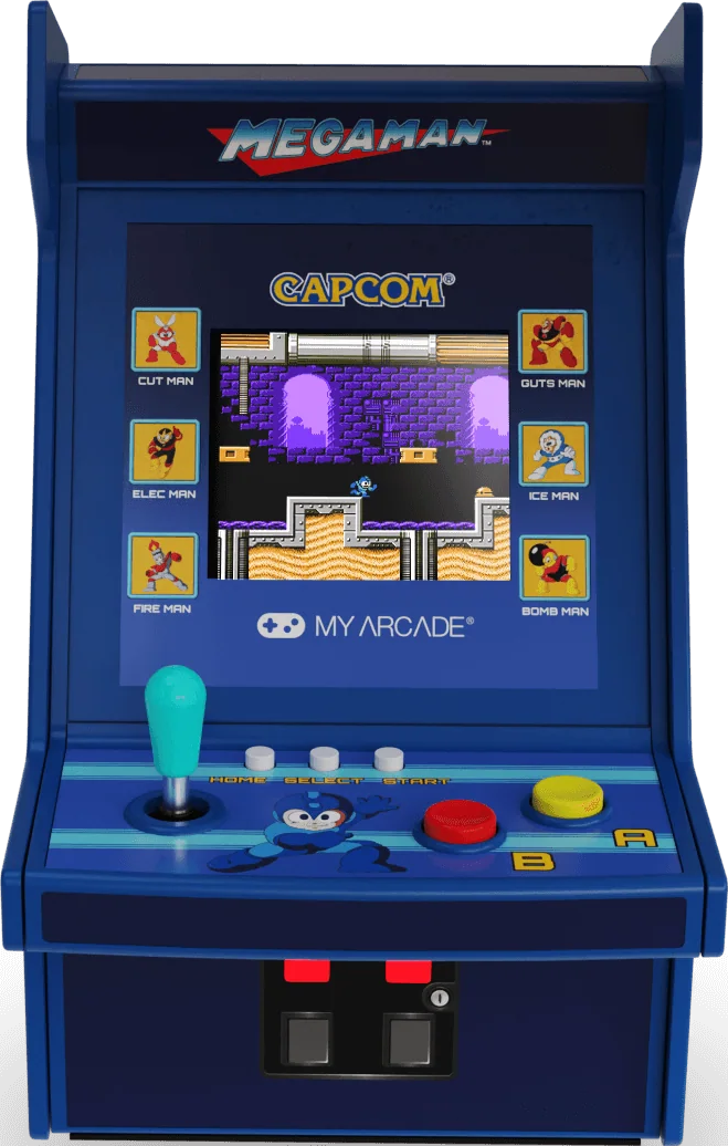 Une borne d'arcade bleue Mega Man. Elle affiche le jeu à l'écran et possède des boutons et un joystick pour contrôler.