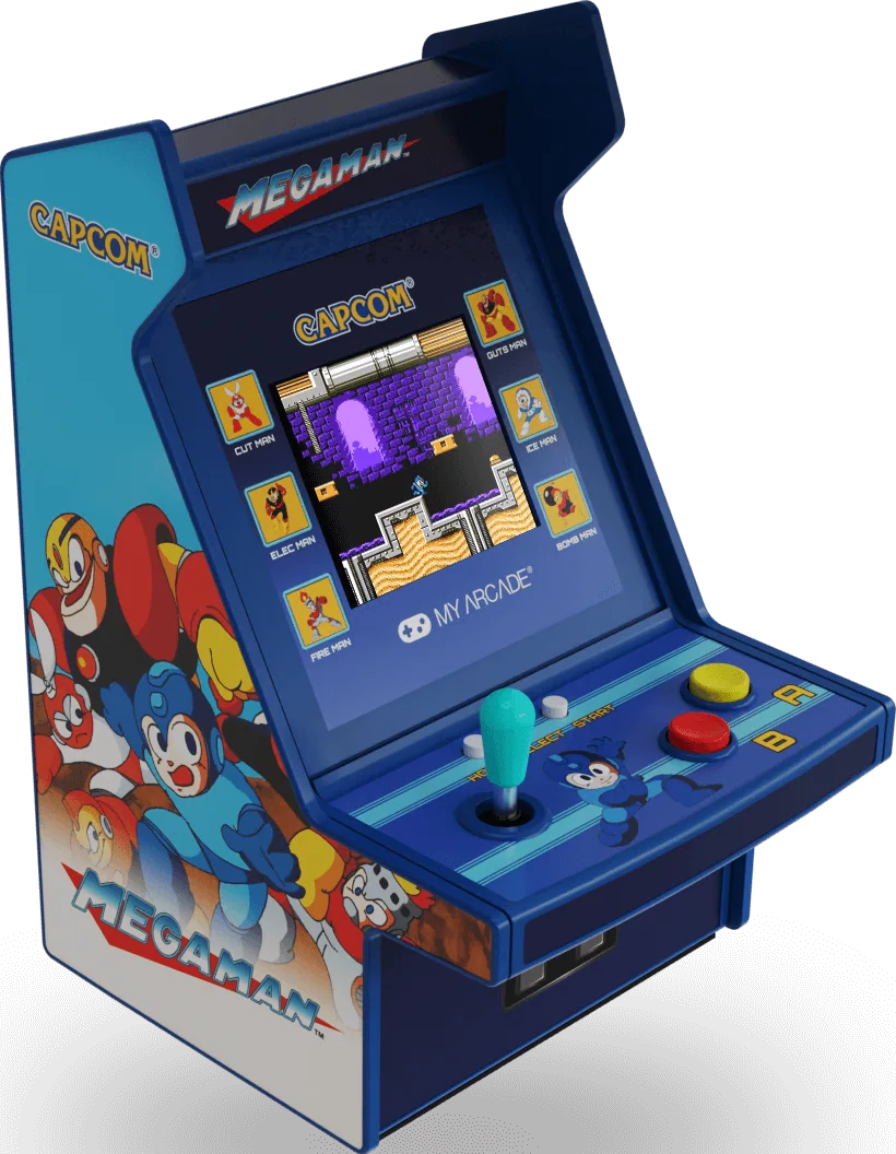 Une borne d'arcade Mega Man bleue. L'écran affiche le jeu. Il possède un joystick, des boutons et des illustrations de Mega Man.