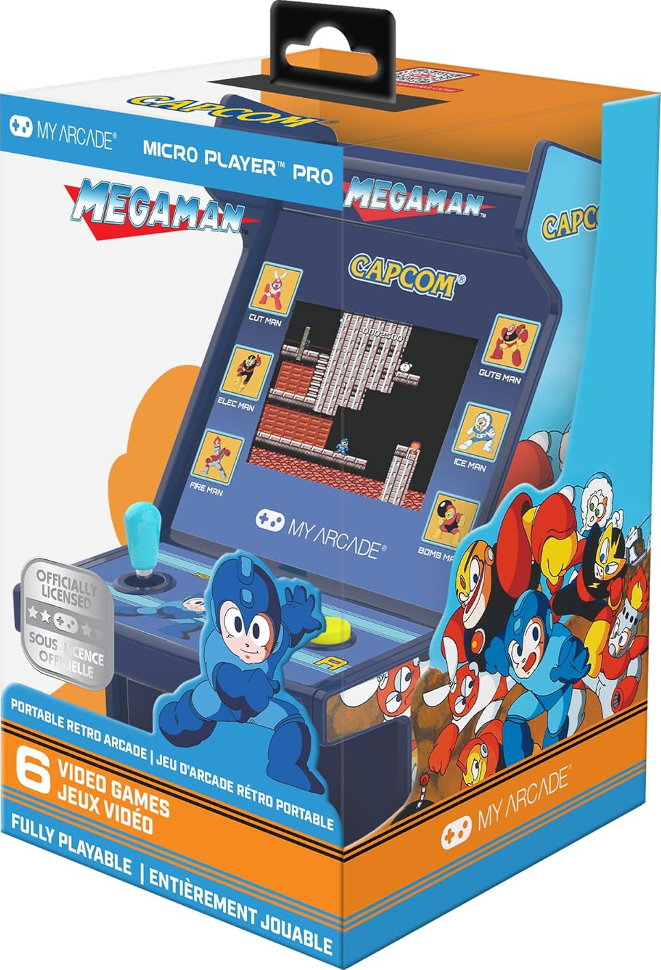 Une boîte pour le jeu d'arcade Mega Man. Elle présente des personnages de Mega Man, un joystick et des boutons. La boîte est bleue, orange et blanche.